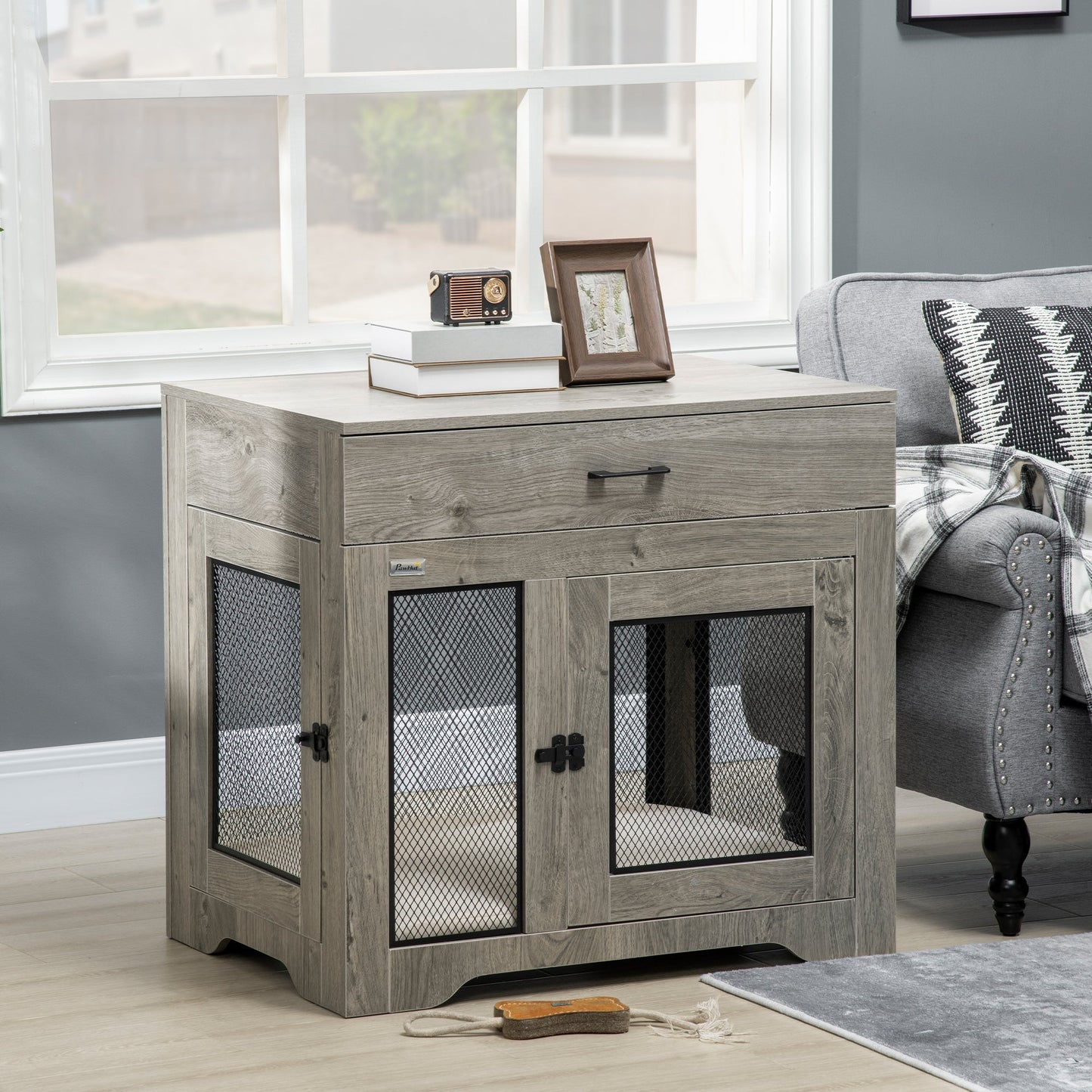 32in Dog Crate Furniture with Cushion, Indoor Pet Kennel End Table with Storage, 2 Doors, for Small Medium Dogs, Grey
