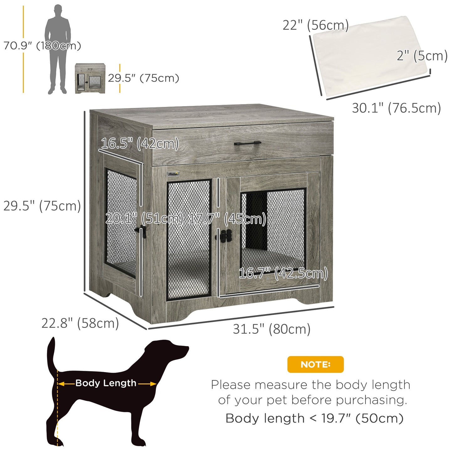32in Dog Crate Furniture with Cushion, Indoor Pet Kennel End Table with Storage, 2 Doors, for Small Medium Dogs, Grey