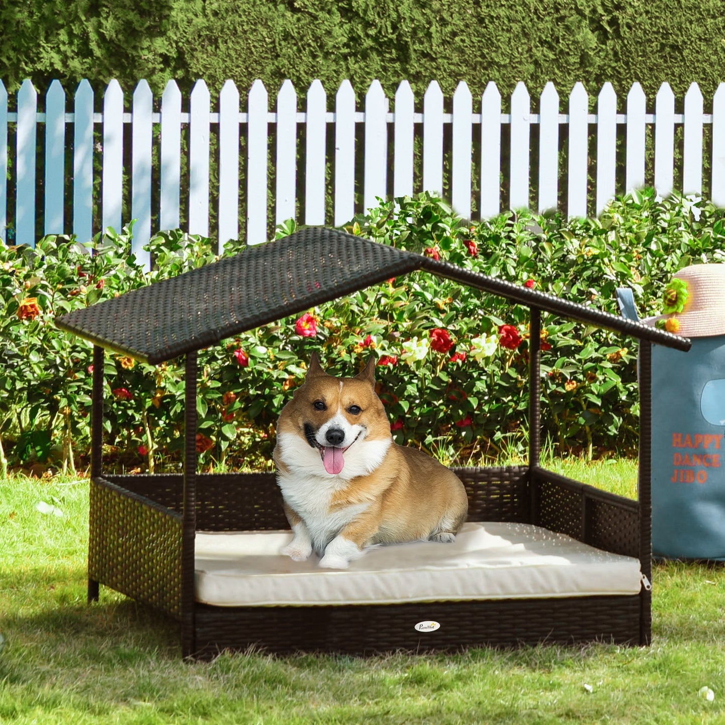 Elevated Rattan Dog House Outdoor with Canopy, Wicker Dog Bed with Water-Resistant Cushion, for Small and Medium Dogs Cream White