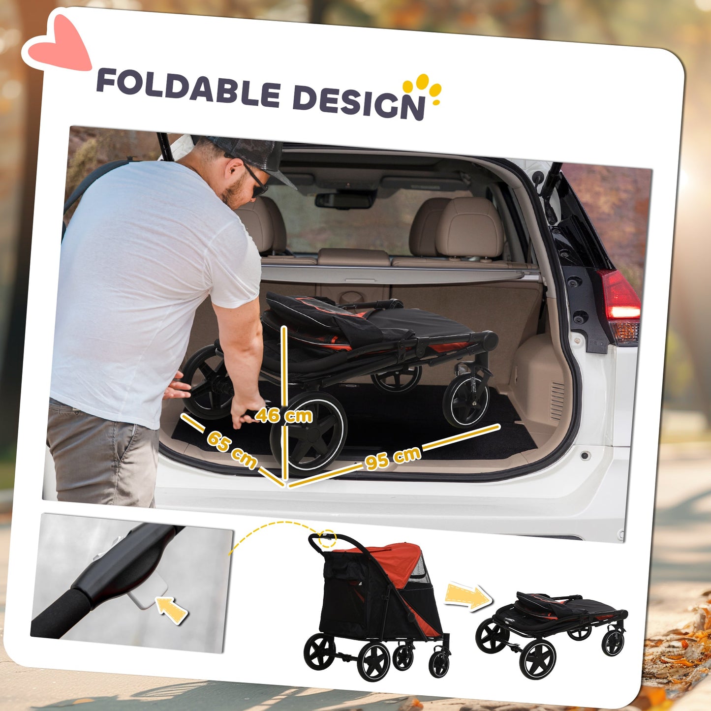 Pet Stroller with Universal Front Wheels, Shock Absorber, One-Click Foldable Dog Cat Carriage with Brakes, Storage Bags, Safety Leash for Large & Medium Dogs, Red