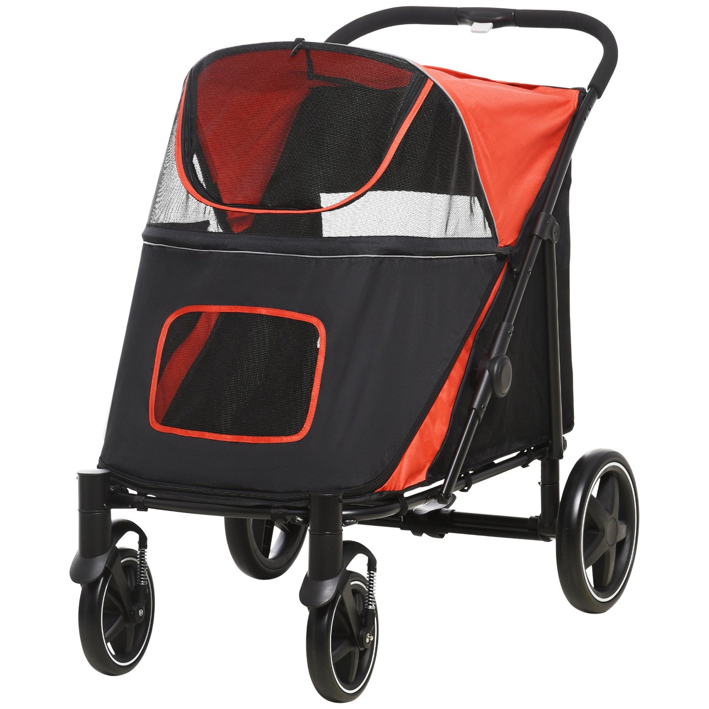 Pet Stroller with Universal Front Wheels, Shock Absorber, One-Click Foldable Dog Cat Carriage with Brakes, Storage Bags, Safety Leash for Large & Medium Dogs, Red