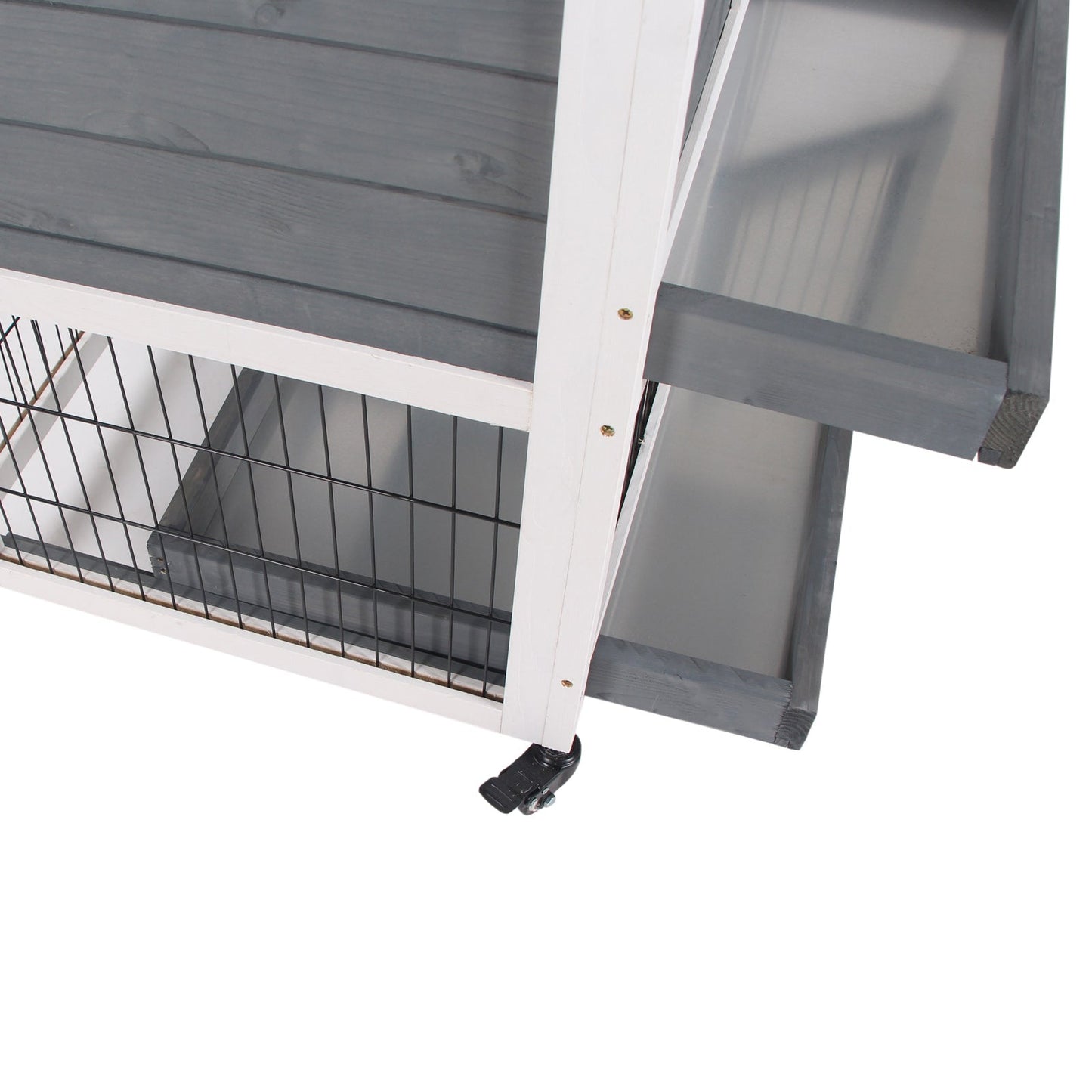 Rabbit Hutch Indoor Bunny Cage Guinea Pig House on Wheels with Run, Pull Out Trays, Grey and White