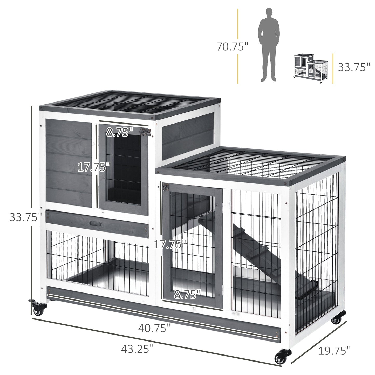 Rabbit Hutch Indoor Bunny Cage Guinea Pig House on Wheels with Run, Pull Out Trays, Grey and White