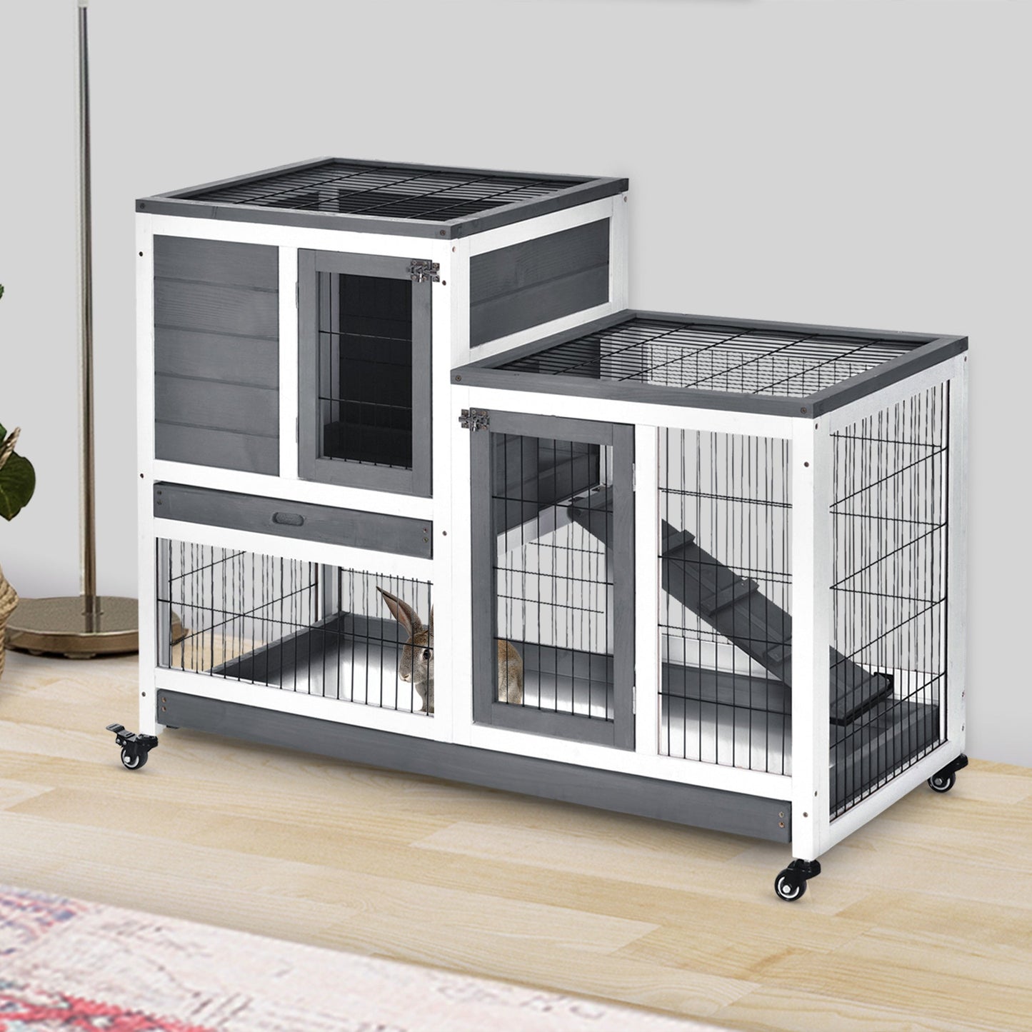 Rabbit Hutch Indoor Bunny Cage Guinea Pig House on Wheels with Run, Pull Out Trays, Grey and White