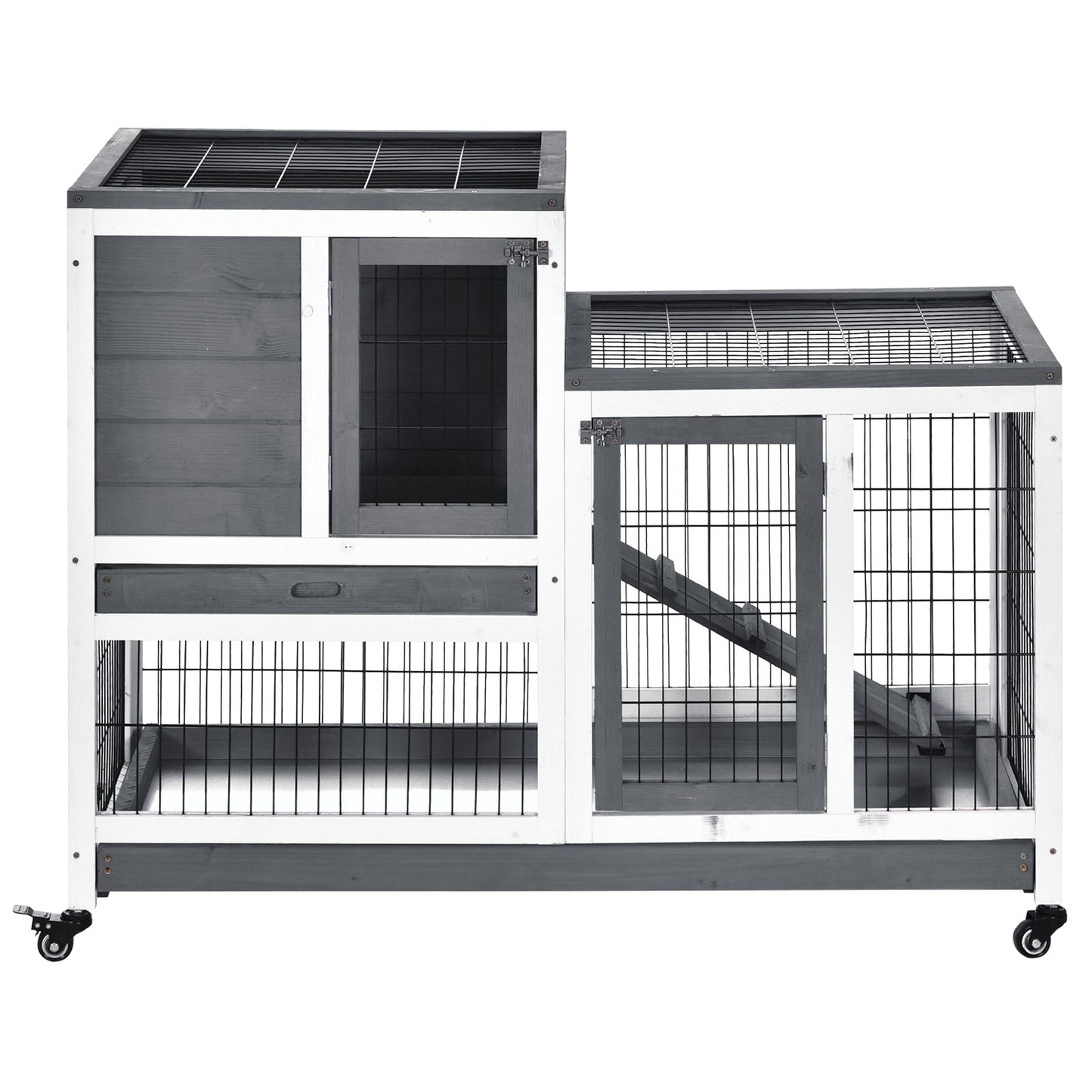Rabbit Hutch Indoor Bunny Cage Guinea Pig House on Wheels with Run, Pull Out Trays, Grey and White
