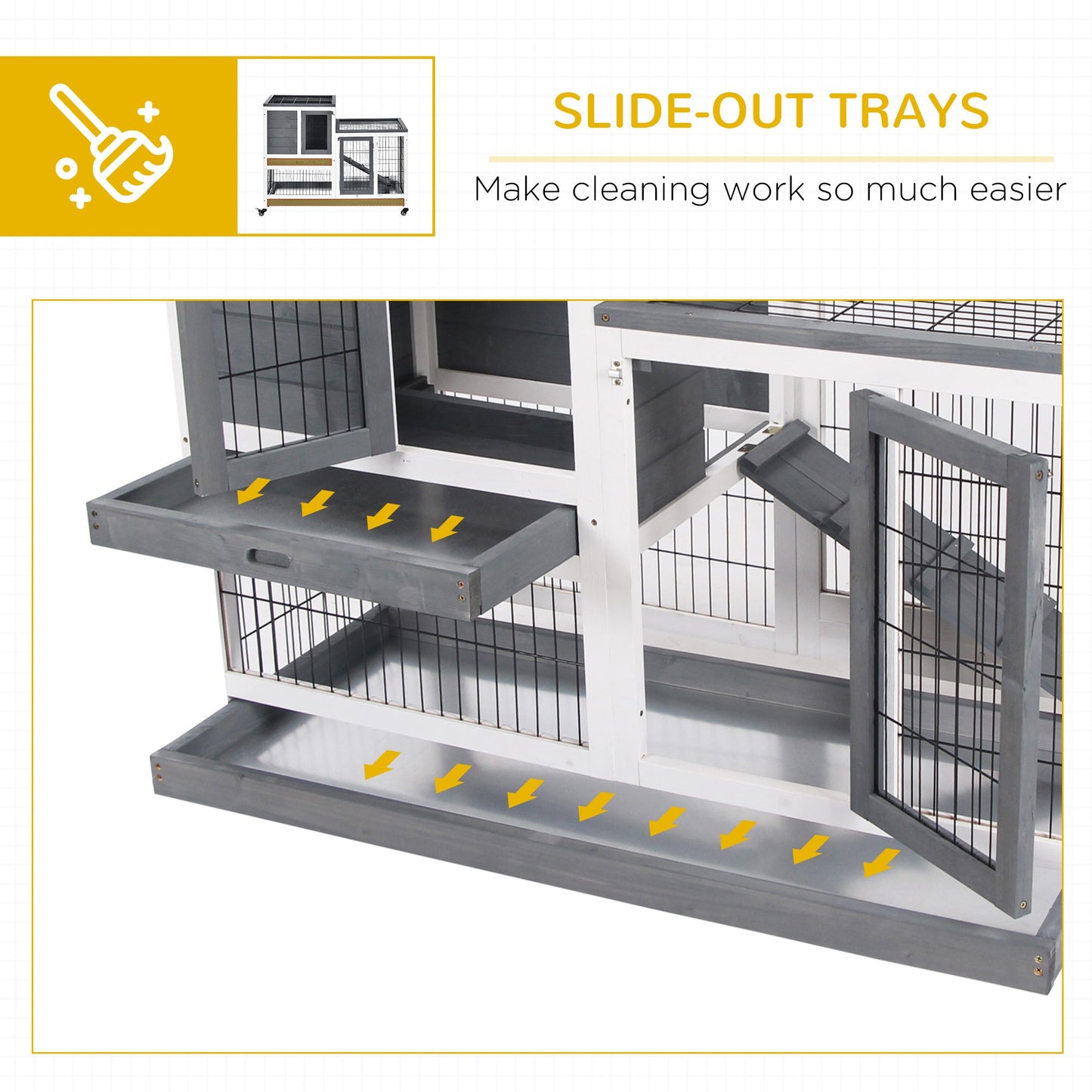 Rabbit Hutch Indoor Bunny Cage Guinea Pig House on Wheels with Run, Pull Out Trays, Grey and White