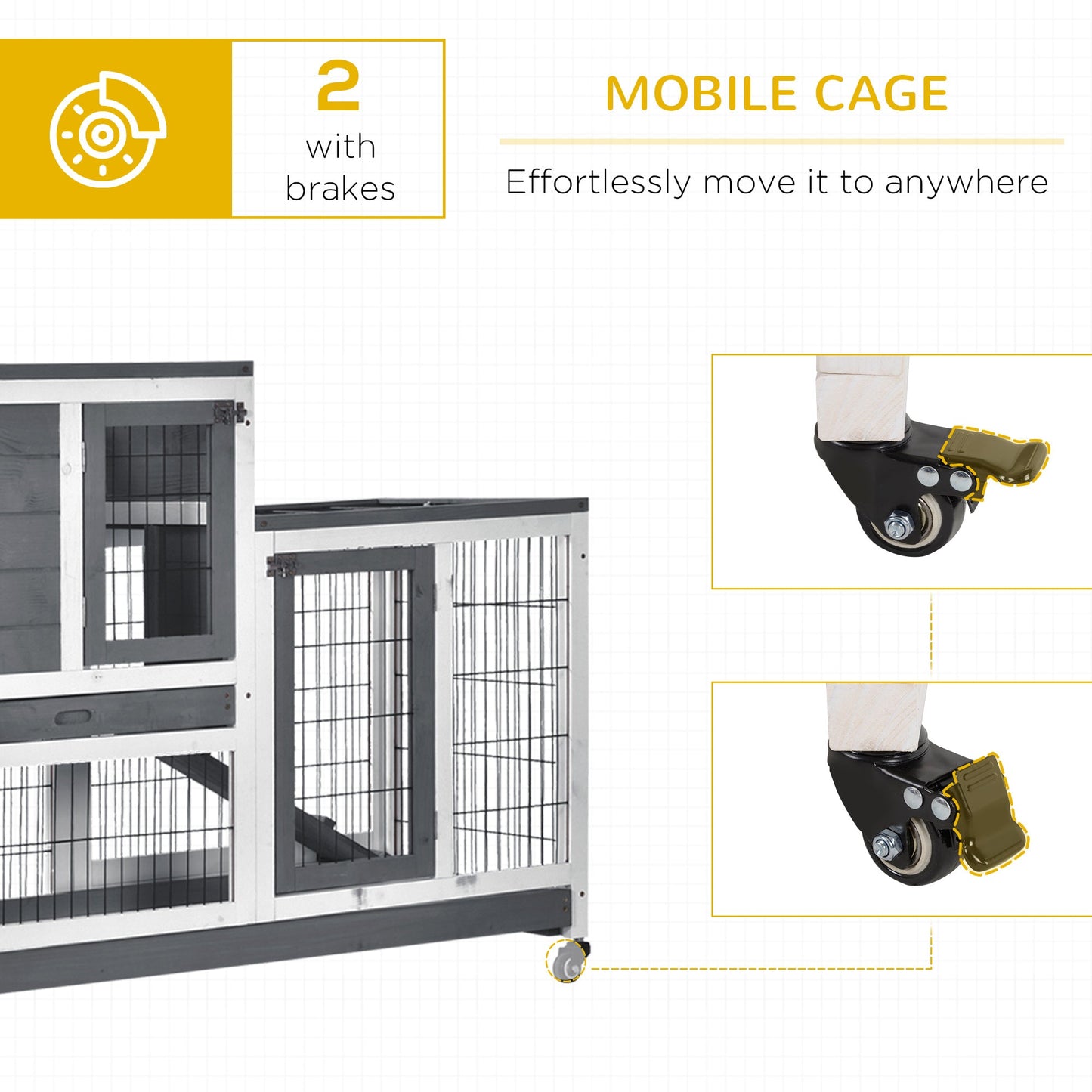 Rabbit Hutch Indoor Bunny Cage Guinea Pig House on Wheels with Run, Pull Out Trays, Grey and White