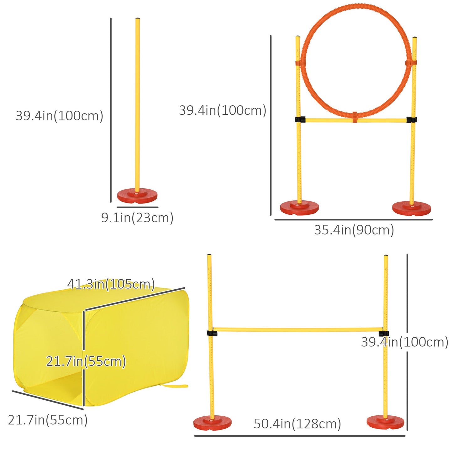 4PCs Portable Pet Agility Training Obstacle Set for Dogs w/ Adjustable Weave Pole, Jumping Ring, Adjustable High Jump, Tunnel and Carrying Bag