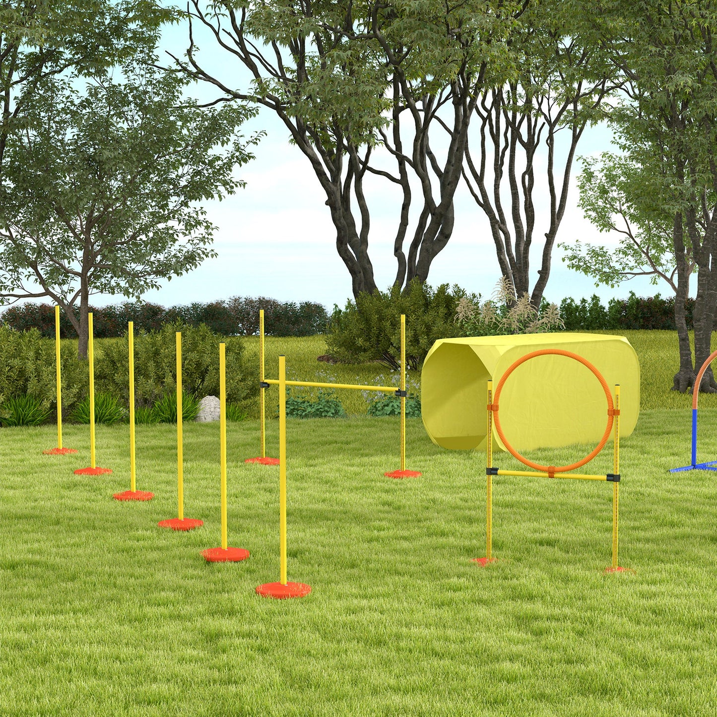 4PCs Portable Pet Agility Training Obstacle Set for Dogs w/ Adjustable Weave Pole, Jumping Ring, Adjustable High Jump, Tunnel and Carrying Bag