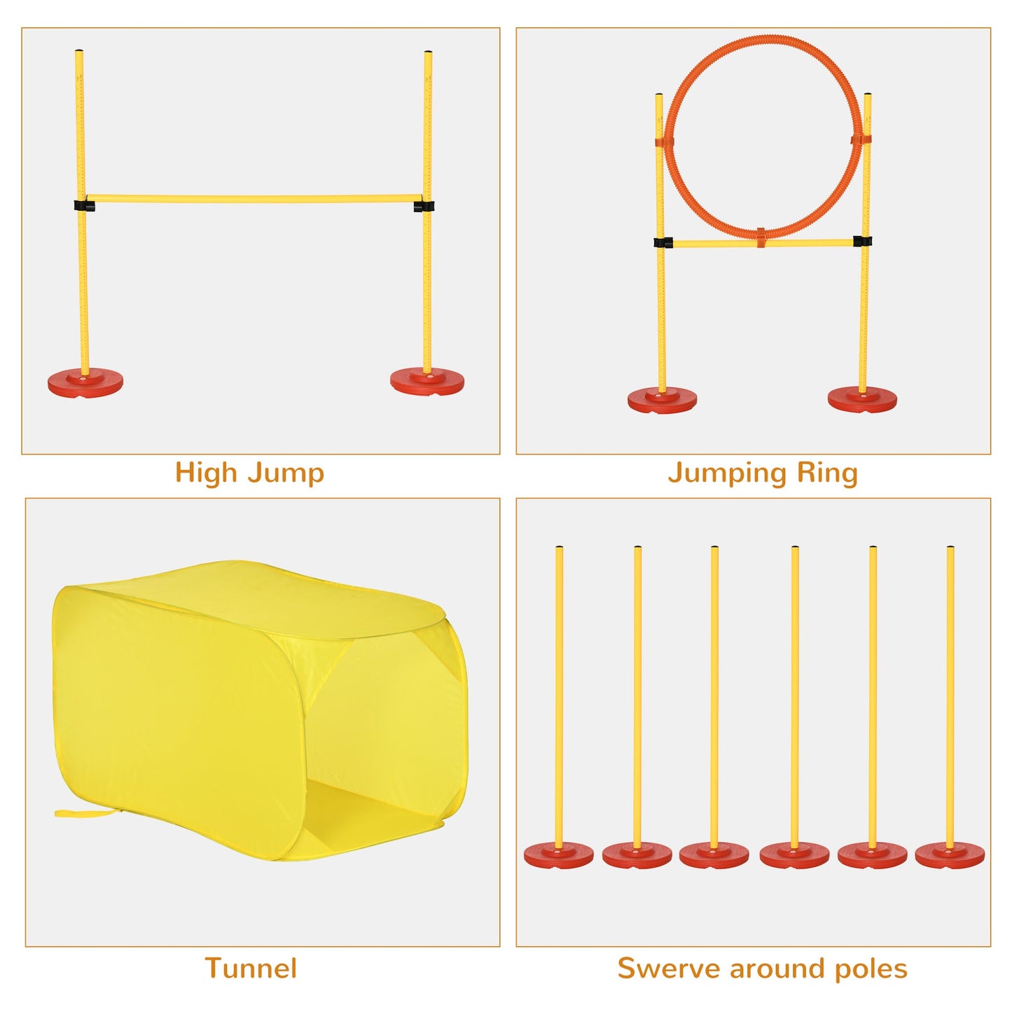 4PCs Portable Pet Agility Training Obstacle Set for Dogs w/ Adjustable Weave Pole, Jumping Ring, Adjustable High Jump, Tunnel and Carrying Bag