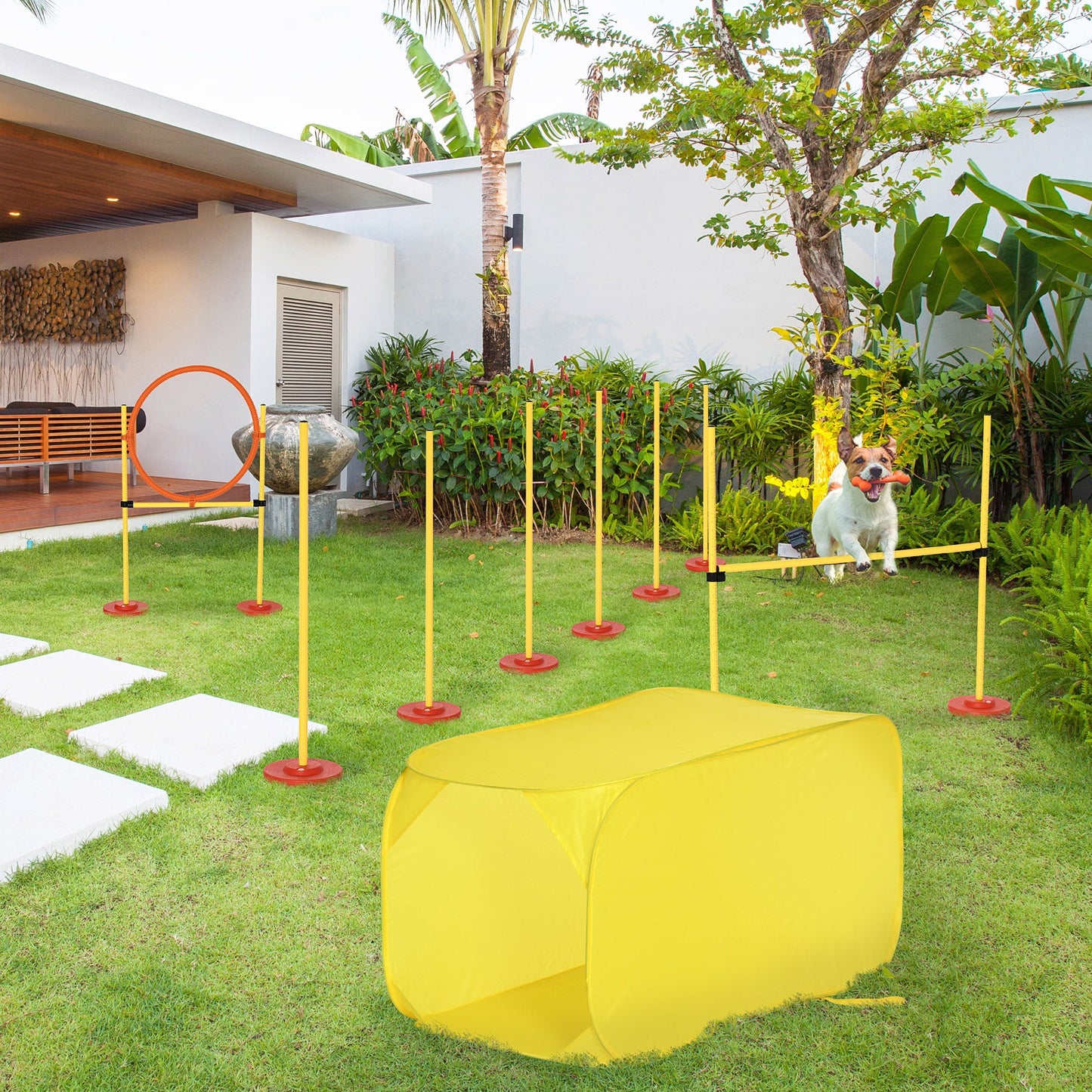4PCs Portable Pet Agility Training Obstacle Set for Dogs w/ Adjustable Weave Pole, Jumping Ring, Adjustable High Jump, Tunnel and Carrying Bag