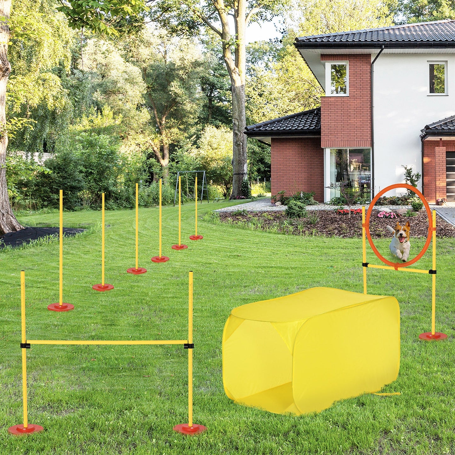 4PCs Portable Pet Agility Training Obstacle Set for Dogs w/ Adjustable Weave Pole, Jumping Ring, Adjustable High Jump, Tunnel and Carrying Bag