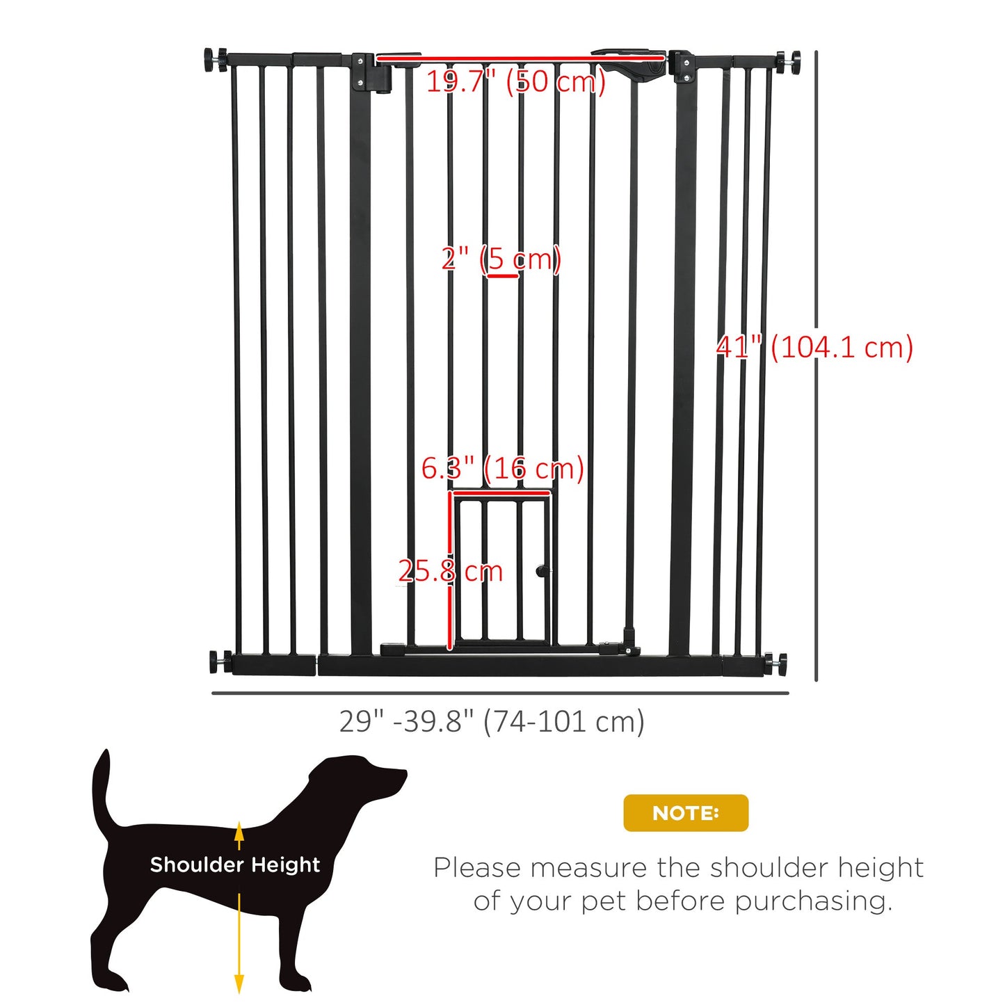 41"H Dog Gate with Cat Door, Pet Gate with Small Door, Easy Open Indoor Dog Gates for Doorways, House, Stair, 29"-40" Long, Black