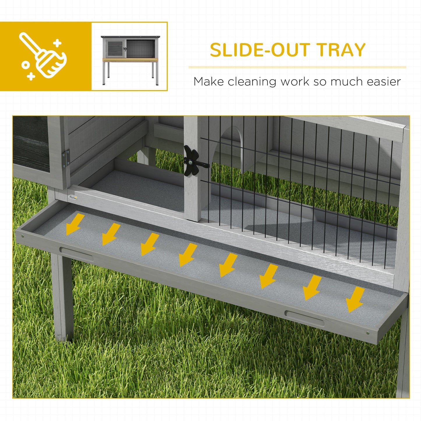 Wooden Rabbit Hutch Bunny Small Animal House with Openable Asphalt Roof, Slide-out Tray, Indoor/Outdoor, Grey