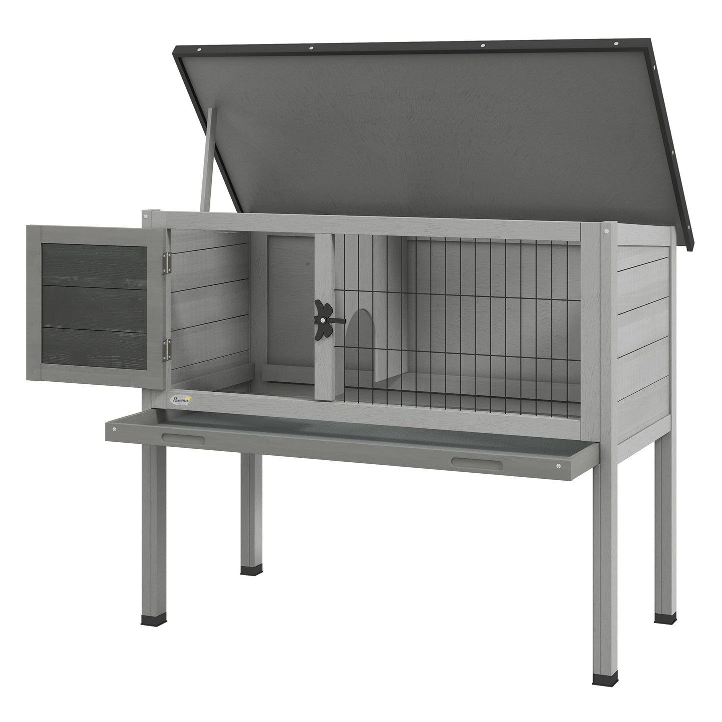 Wooden Rabbit Hutch Bunny Small Animal House with Openable Asphalt Roof, Slide-out Tray, Indoor/Outdoor, Grey