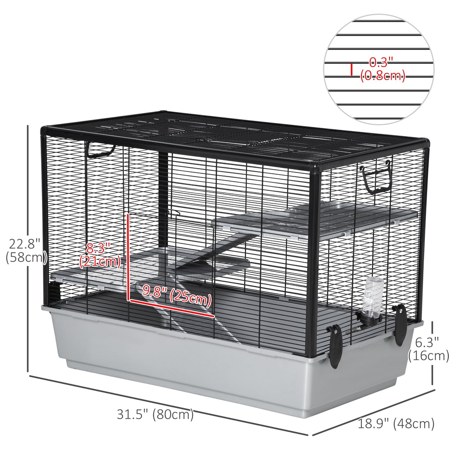 3-tier Hamster Cage, Guinea Pig Cage, Pet Chinchillas Play House Indoor with Accessories Food Dish Water Bottle, Ramps, 31.5"x19"x23", Grey