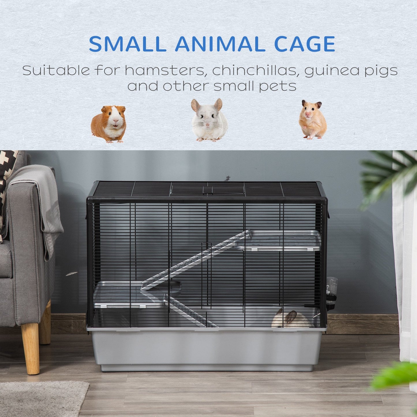 3-tier Hamster Cage, Guinea Pig Cage, Pet Chinchillas Play House Indoor with Accessories Food Dish Water Bottle, Ramps, 31.5"x19"x23", Grey