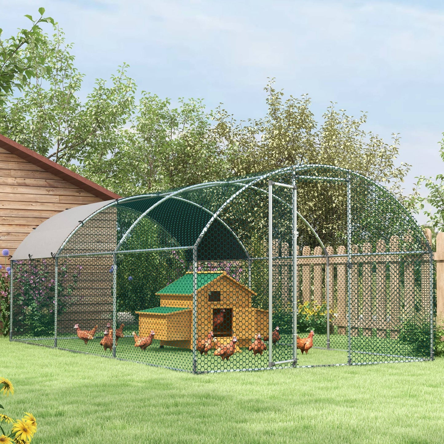 Galvanized Large Metal Chicken Coop Cage Walk-in Enclosure Poultry Hen Run House Playpen Rabbit Hutch with Cover for Outdoor Backyard 9.2' x 18.7' x 6.5' Silver