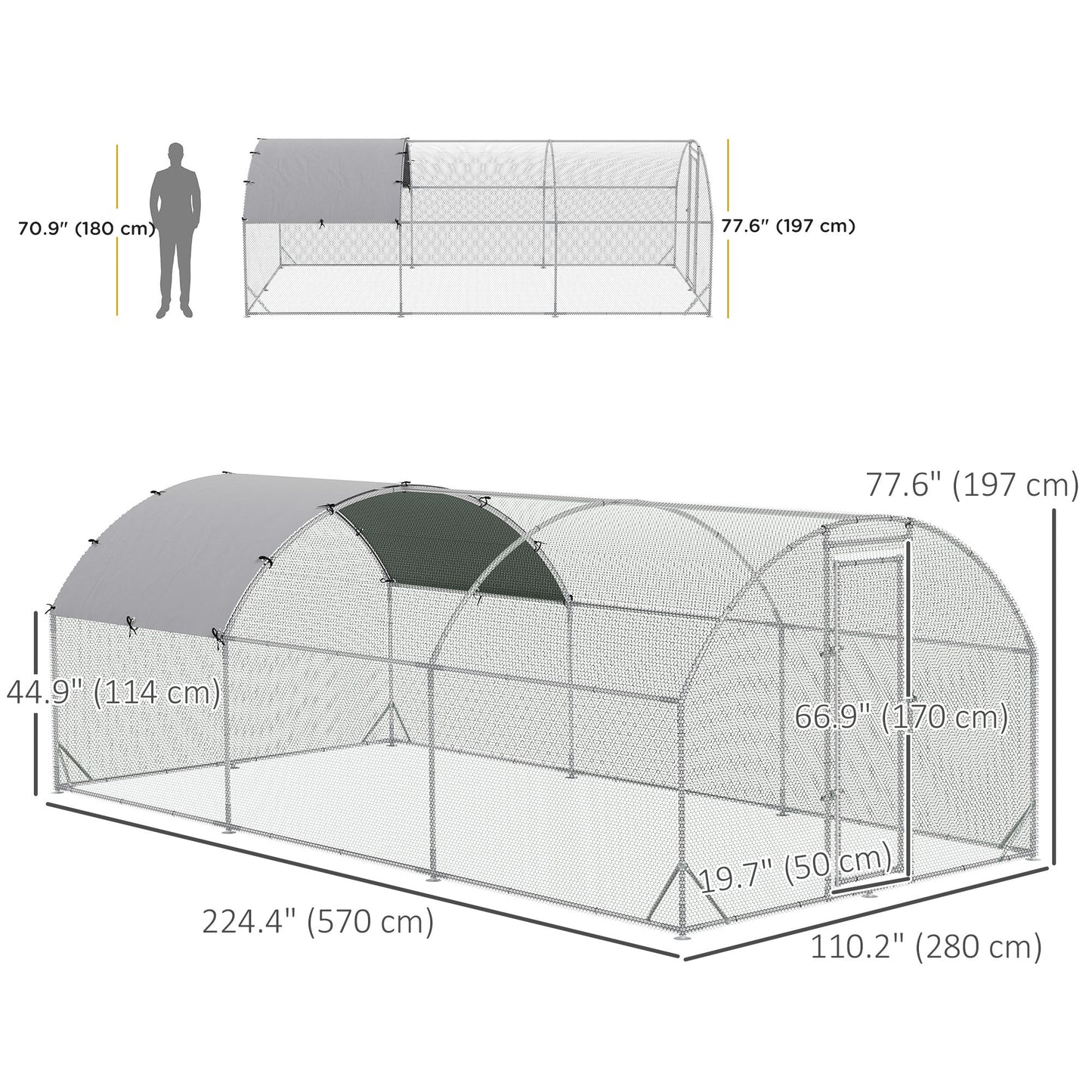 Galvanized Large Metal Chicken Coop Cage Walk-in Enclosure Poultry Hen Run House Playpen Rabbit Hutch with Cover for Outdoor Backyard 9.2' x 18.7' x 6.5' Silver