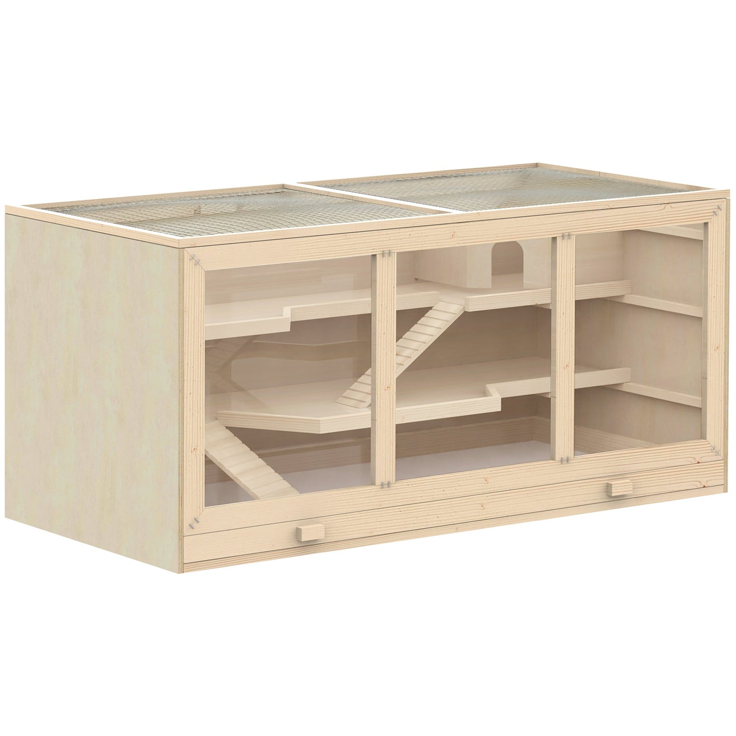 Wooden Hamster Cage, Mouse Mice Rat Cage Small Animal Cage, 3 Tier Exercise Play House with Slide, Tray, Natural Wood