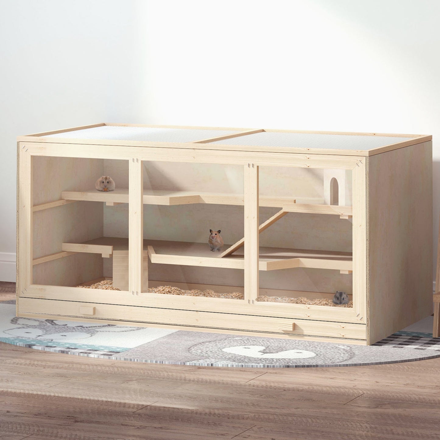 Wooden Hamster Cage, Mouse Mice Rat Cage Small Animal Cage, 3 Tier Exercise Play House with Slide, Tray, Natural Wood