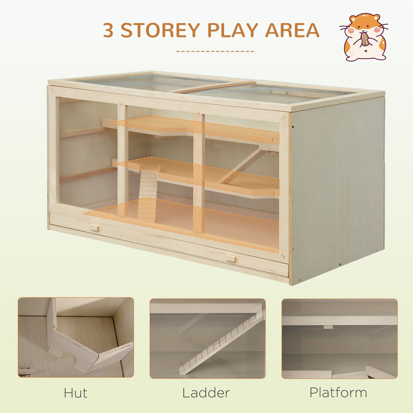 Wooden Hamster Cage, Mouse Mice Rat Cage Small Animal Cage, 3 Tier Exercise Play House with Slide, Tray, Natural Wood