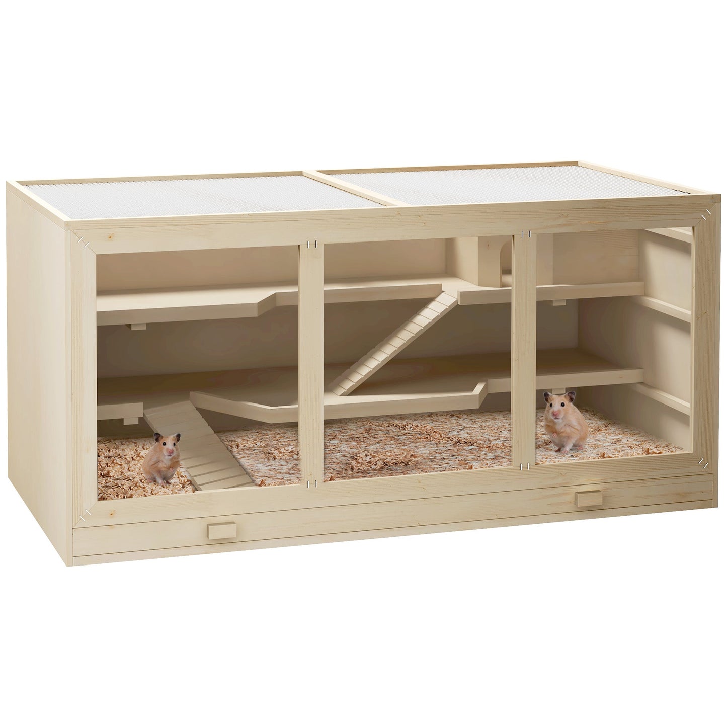 Wooden Hamster Cage, Mouse Mice Rat Cage Small Animal Cage, 3 Tier Exercise Play House with Slide, Tray, Natural Wood