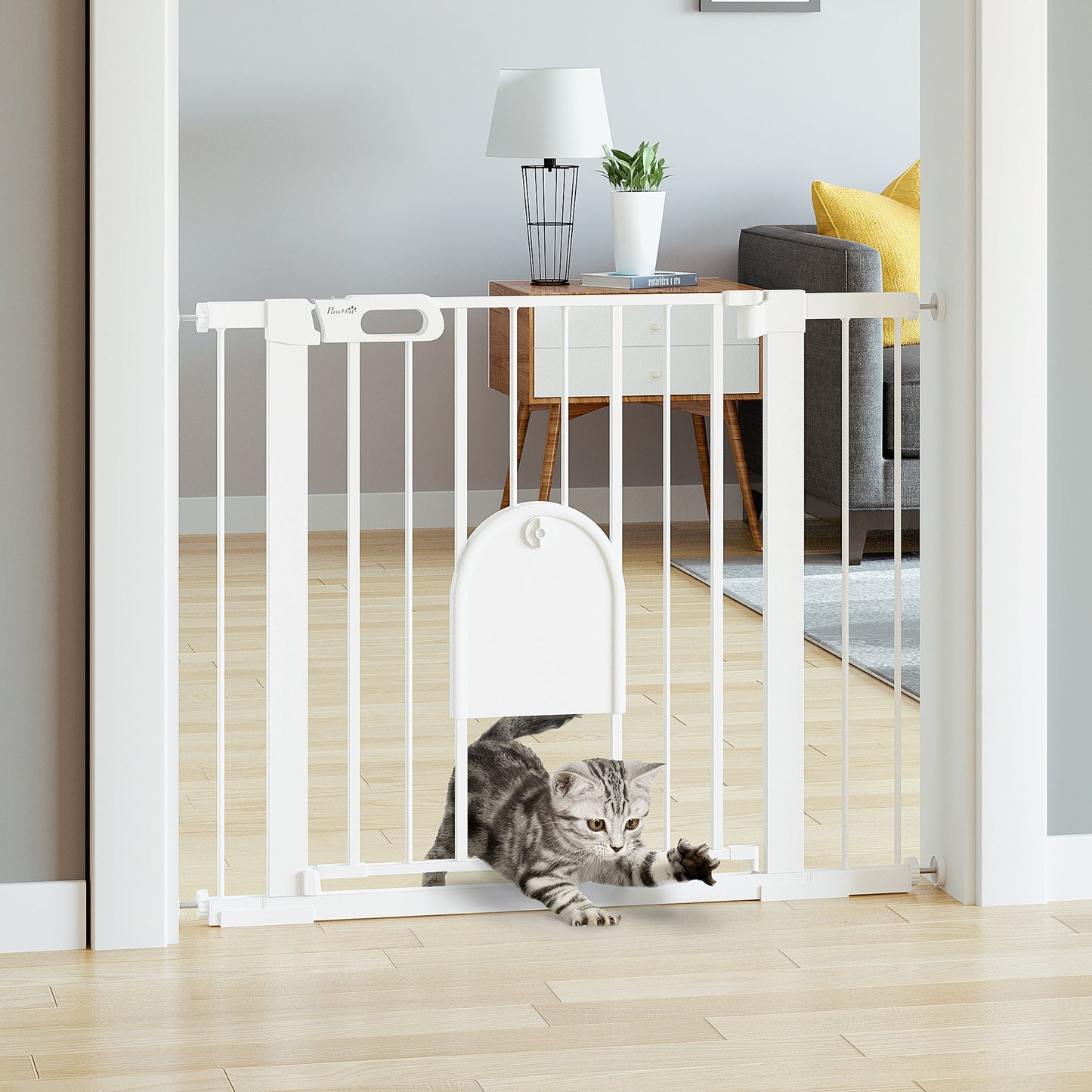 30"-41" Extra Wide Pet Gate with Small Door, 30"H Dog Gate with Safety Gate Barrier, Stair Pressure Fit, Auto Close, Double Locking, for Doorways, Hallways, White