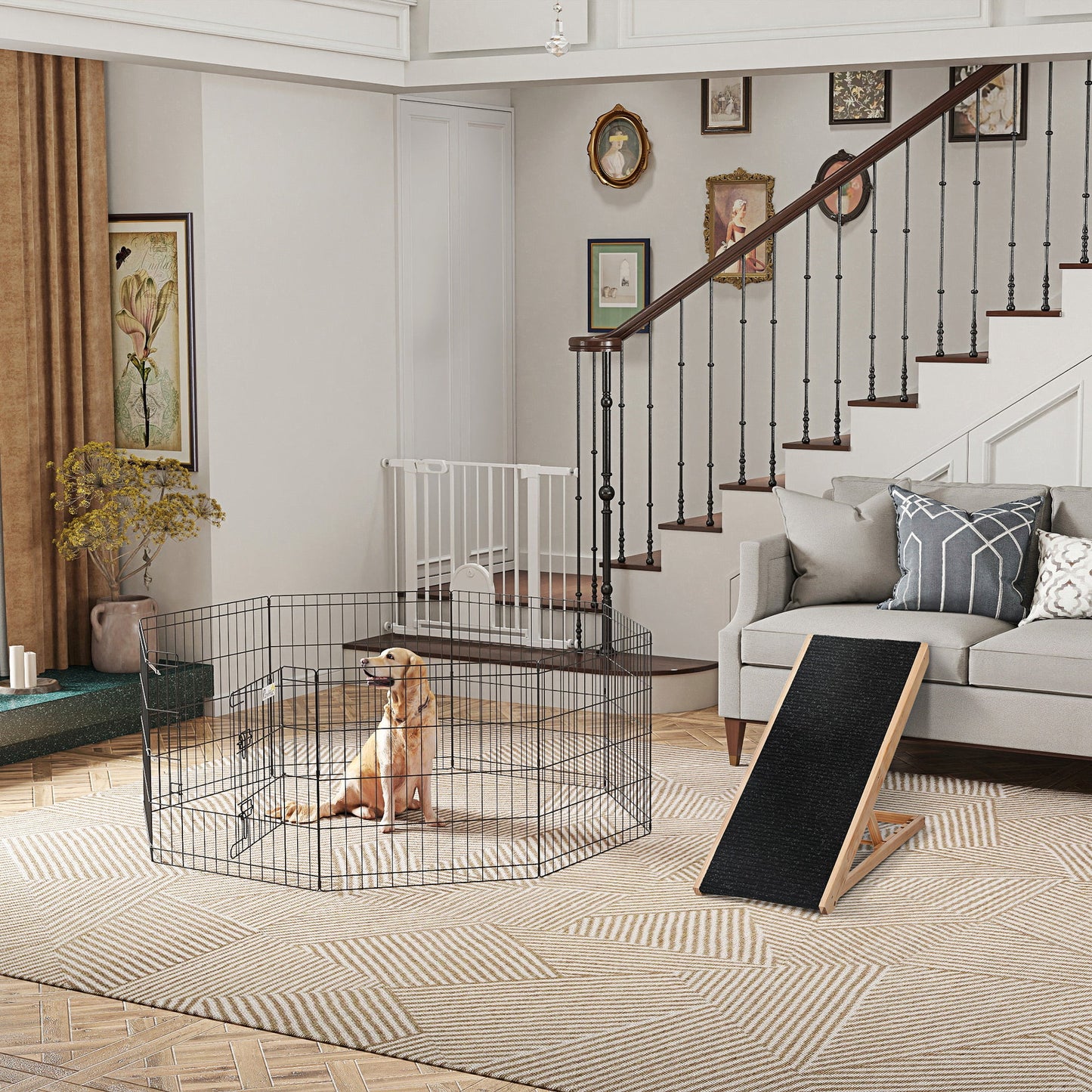 30"-41" Extra Wide Pet Gate with Small Door, 30"H Dog Gate with Safety Gate Barrier, Stair Pressure Fit, Auto Close, Double Locking, for Doorways, Hallways, White