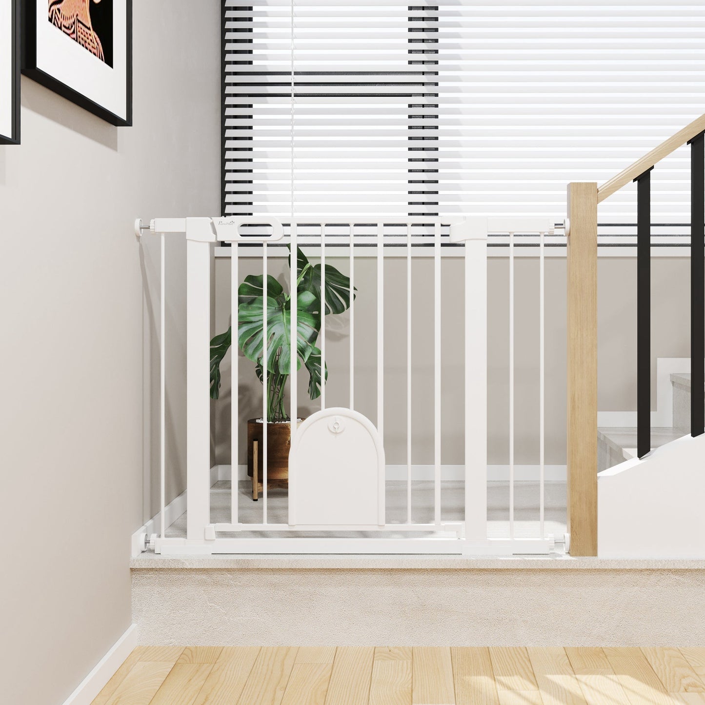 30"-41" Extra Wide Pet Gate with Small Door, 30"H Dog Gate with Safety Gate Barrier, Stair Pressure Fit, Auto Close, Double Locking, for Doorways, Hallways, White