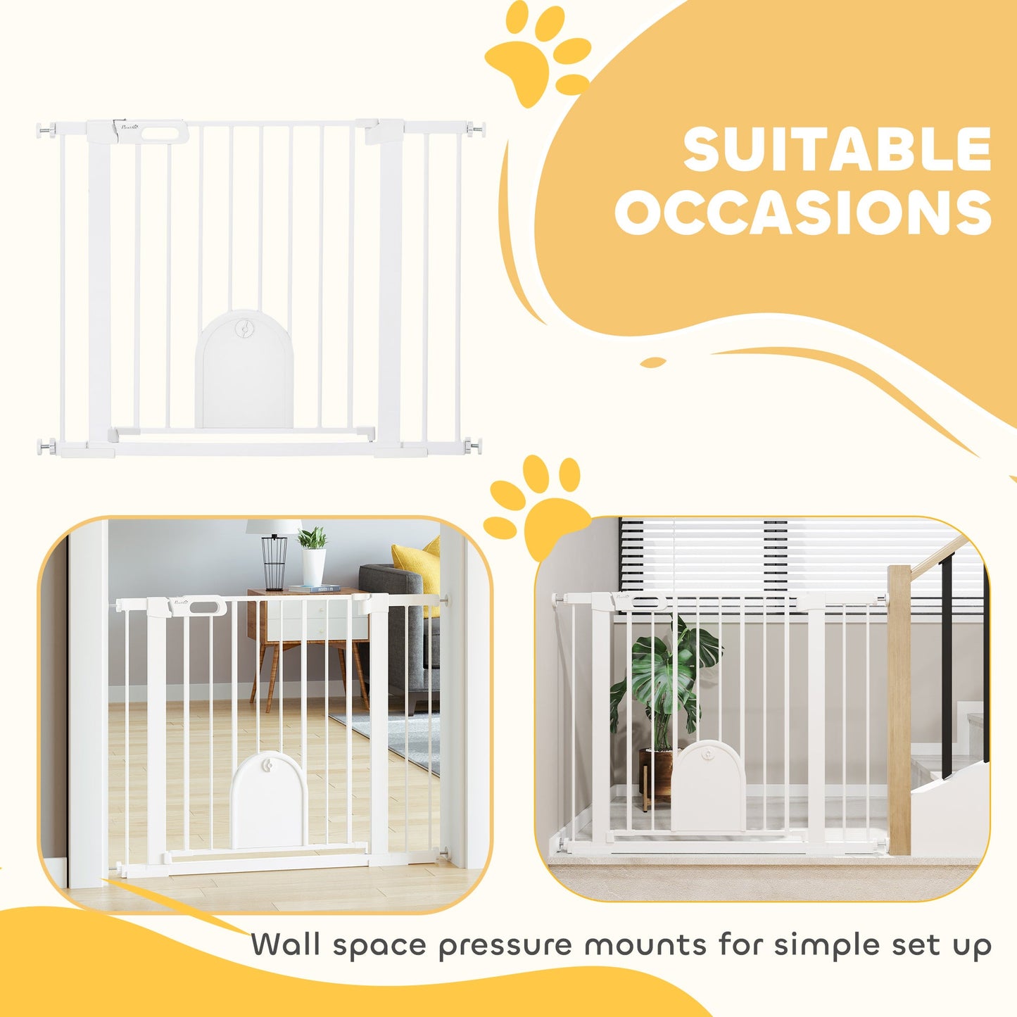 30"-41" Extra Wide Pet Gate with Small Door, 30"H Dog Gate with Safety Gate Barrier, Stair Pressure Fit, Auto Close, Double Locking, for Doorways, Hallways, White