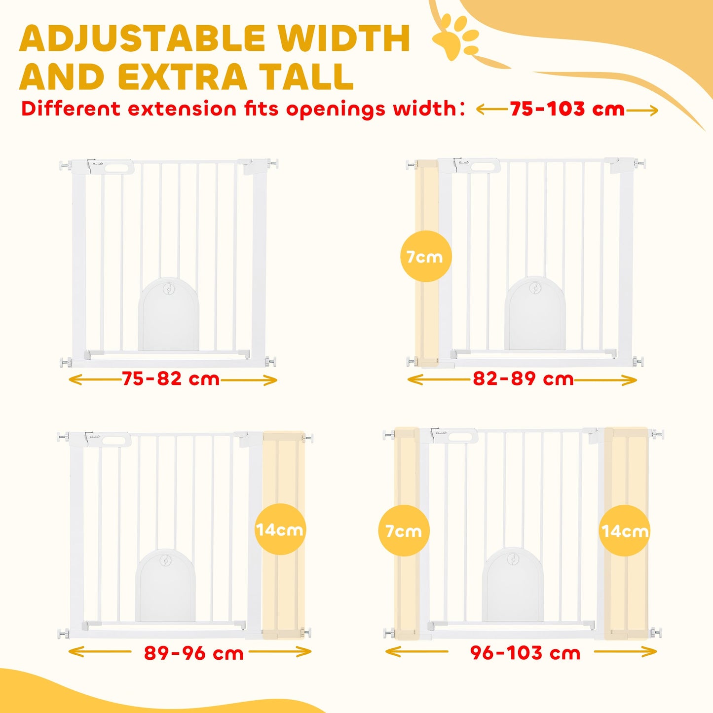 30"-41" Extra Wide Pet Gate with Small Door, 30"H Dog Gate with Safety Gate Barrier, Stair Pressure Fit, Auto Close, Double Locking, for Doorways, Hallways, White