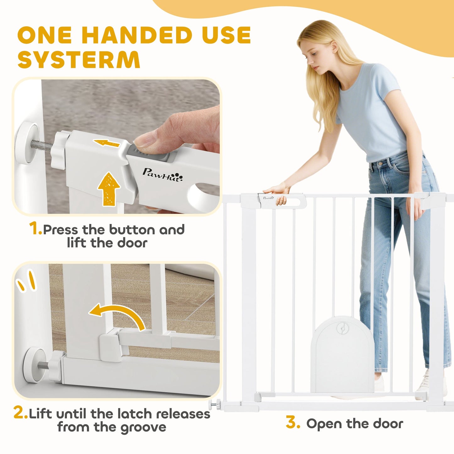 30"-41" Extra Wide Pet Gate with Small Door, 30"H Dog Gate with Safety Gate Barrier, Stair Pressure Fit, Auto Close, Double Locking, for Doorways, Hallways, White