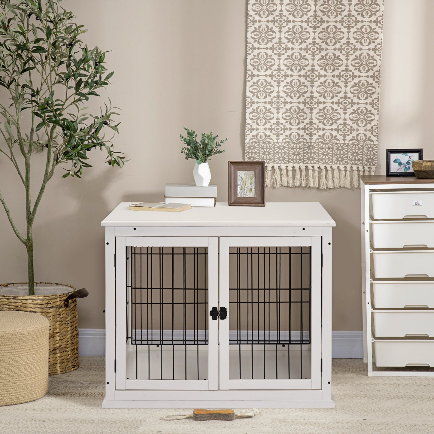 32" Wooden Dog Crate Furniture Dog Cage, Modern Side Table Pet Kennel with Double Lockable Door, 32" L x 23" W x 26" H, White