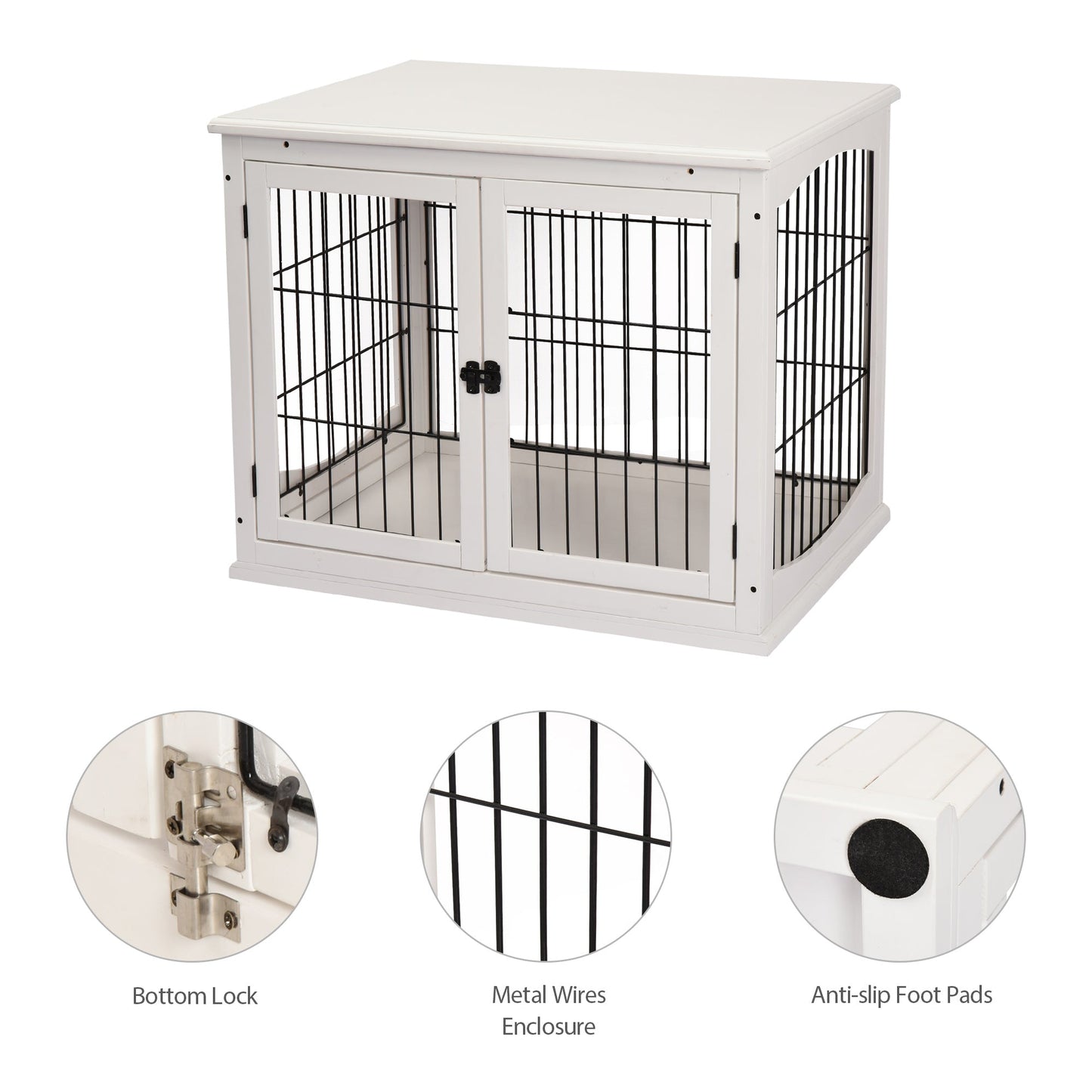 32" Wooden Dog Crate Furniture Dog Cage, Modern Side Table Pet Kennel with Double Lockable Door, 32" L x 23" W x 26" H, White