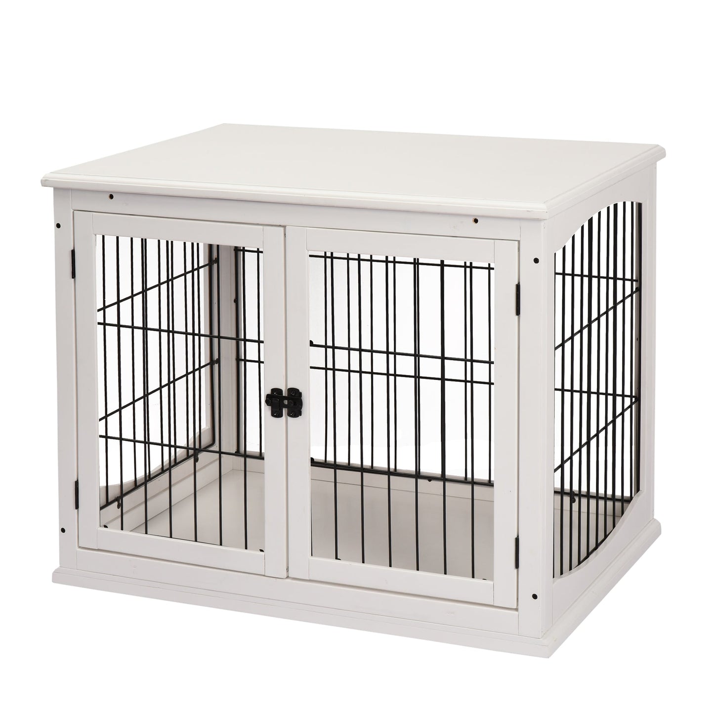 32" Wooden Dog Crate Furniture Dog Cage, Modern Side Table Pet Kennel with Double Lockable Door, 32" L x 23" W x 26" H, White