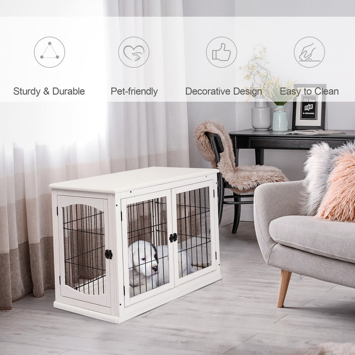 32" Wooden Dog Crate Furniture Dog Cage, Modern Side Table Pet Kennel with Double Lockable Door, 32" L x 23" W x 26" H, White