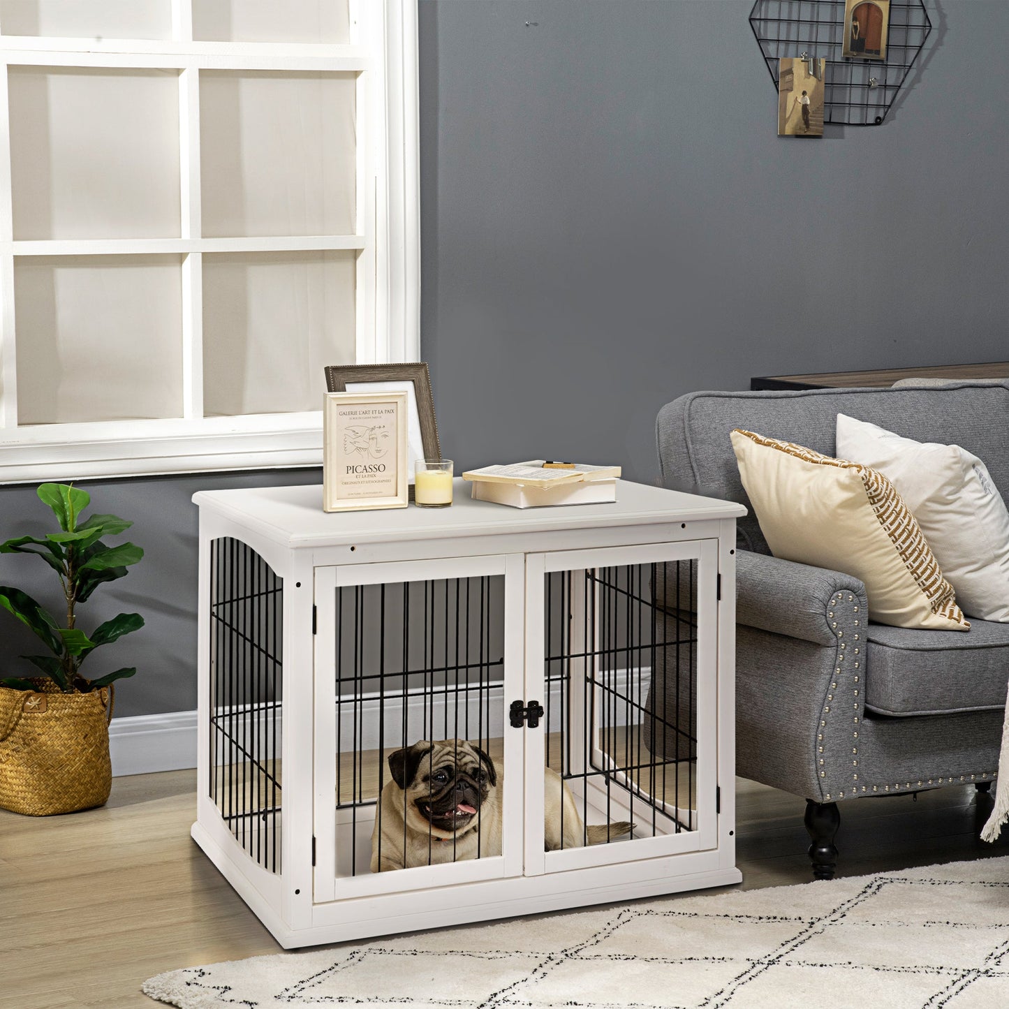 32" Wooden Dog Crate Furniture Dog Cage, Modern Side Table Pet Kennel with Double Lockable Door, 32" L x 23" W x 26" H, White
