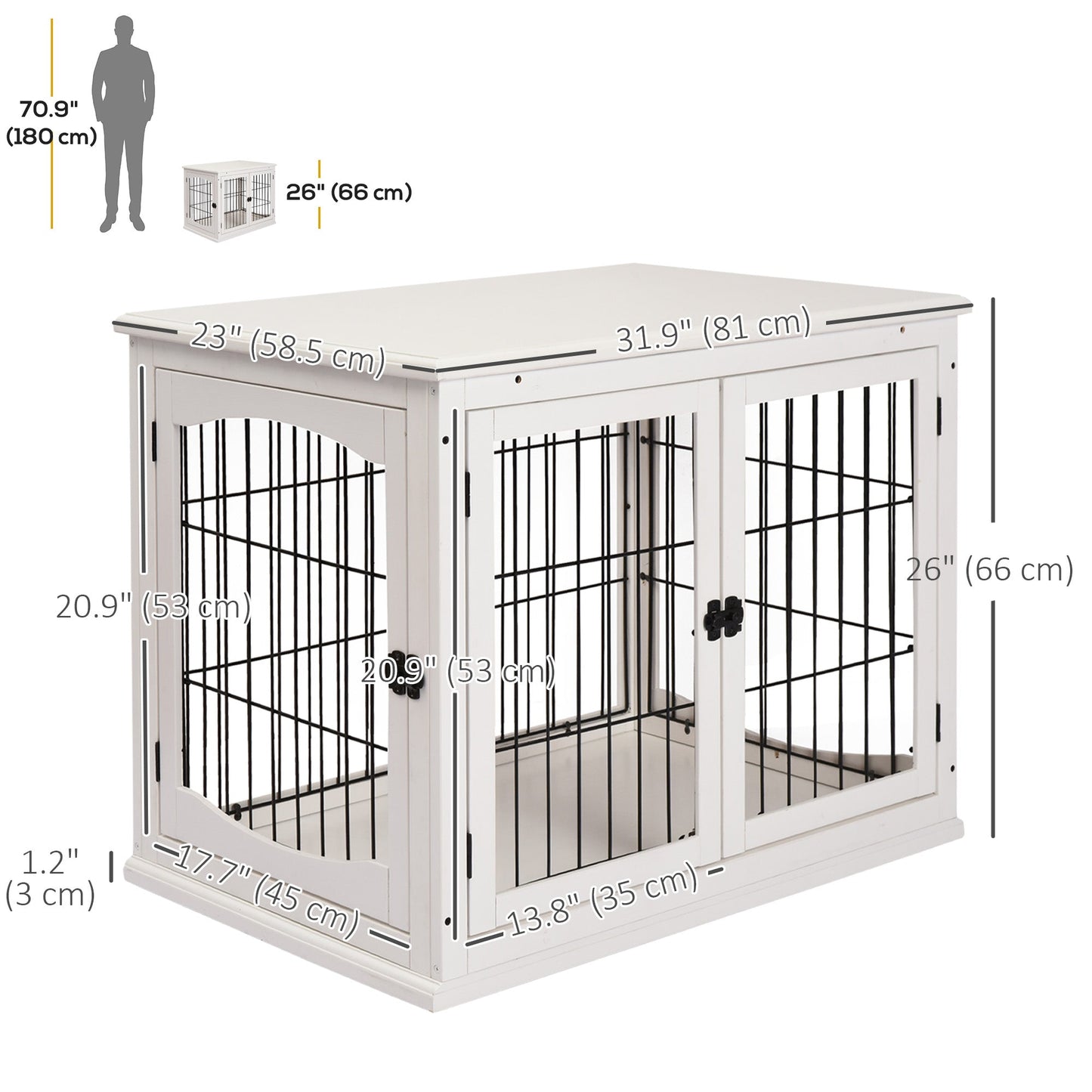 32" Wooden Dog Crate Furniture Dog Cage, Modern Side Table Pet Kennel with Double Lockable Door, 32" L x 23" W x 26" H, White