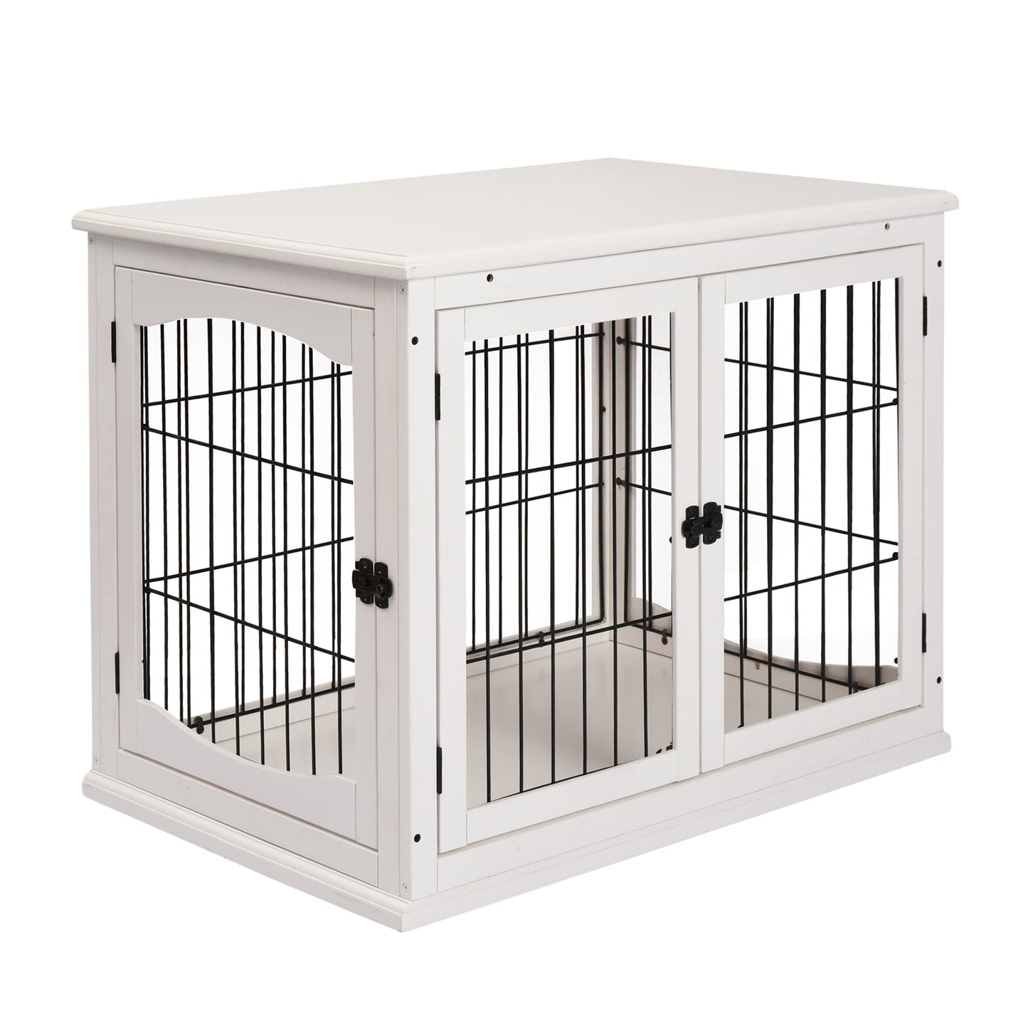 32" Wooden Dog Crate Furniture Dog Cage, Modern Side Table Pet Kennel with Double Lockable Door, 32" L x 23" W x 26" H, White