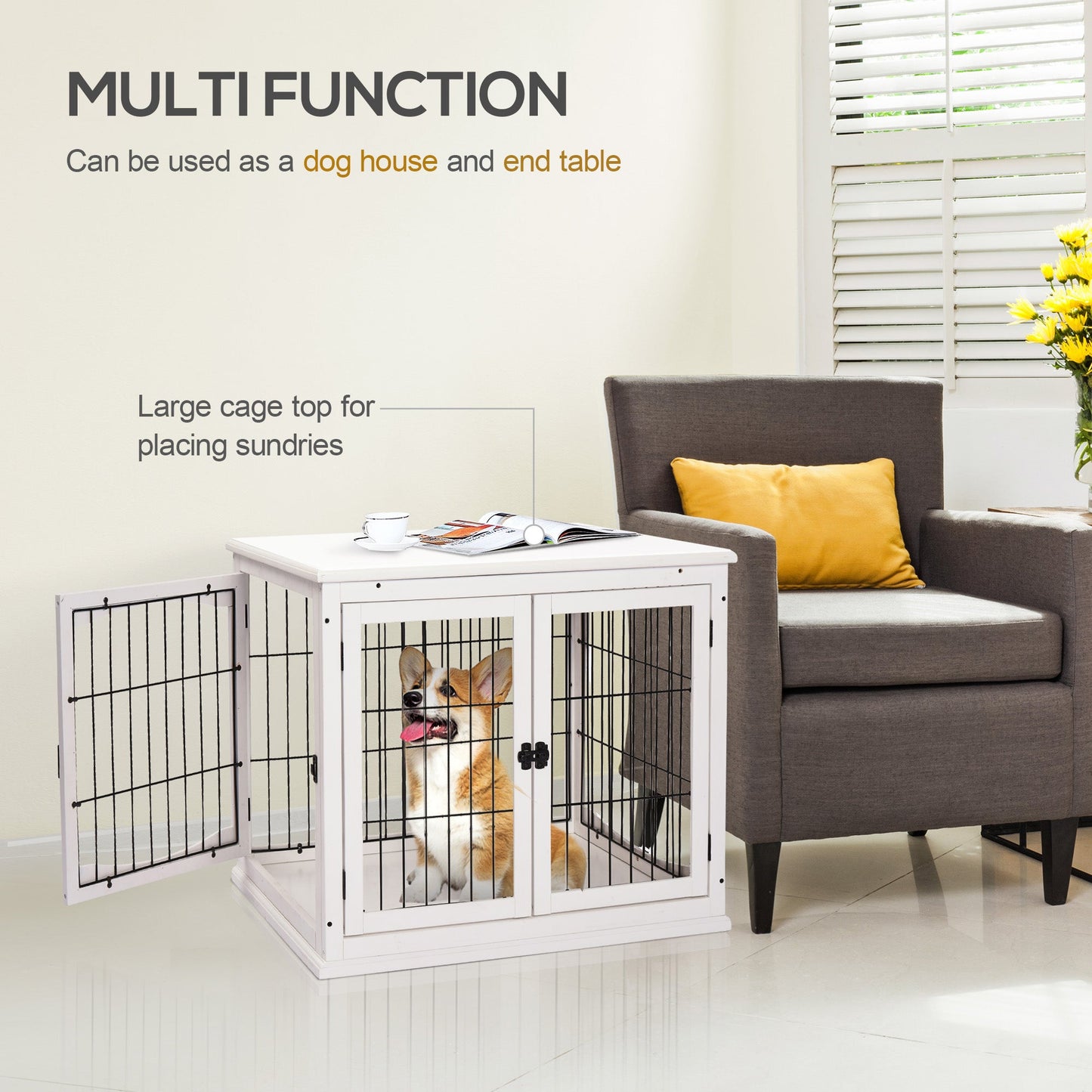 32" Wooden Dog Crate Furniture Dog Cage, Modern Side Table Pet Kennel with Double Lockable Door, 32" L x 23" W x 26" H, White