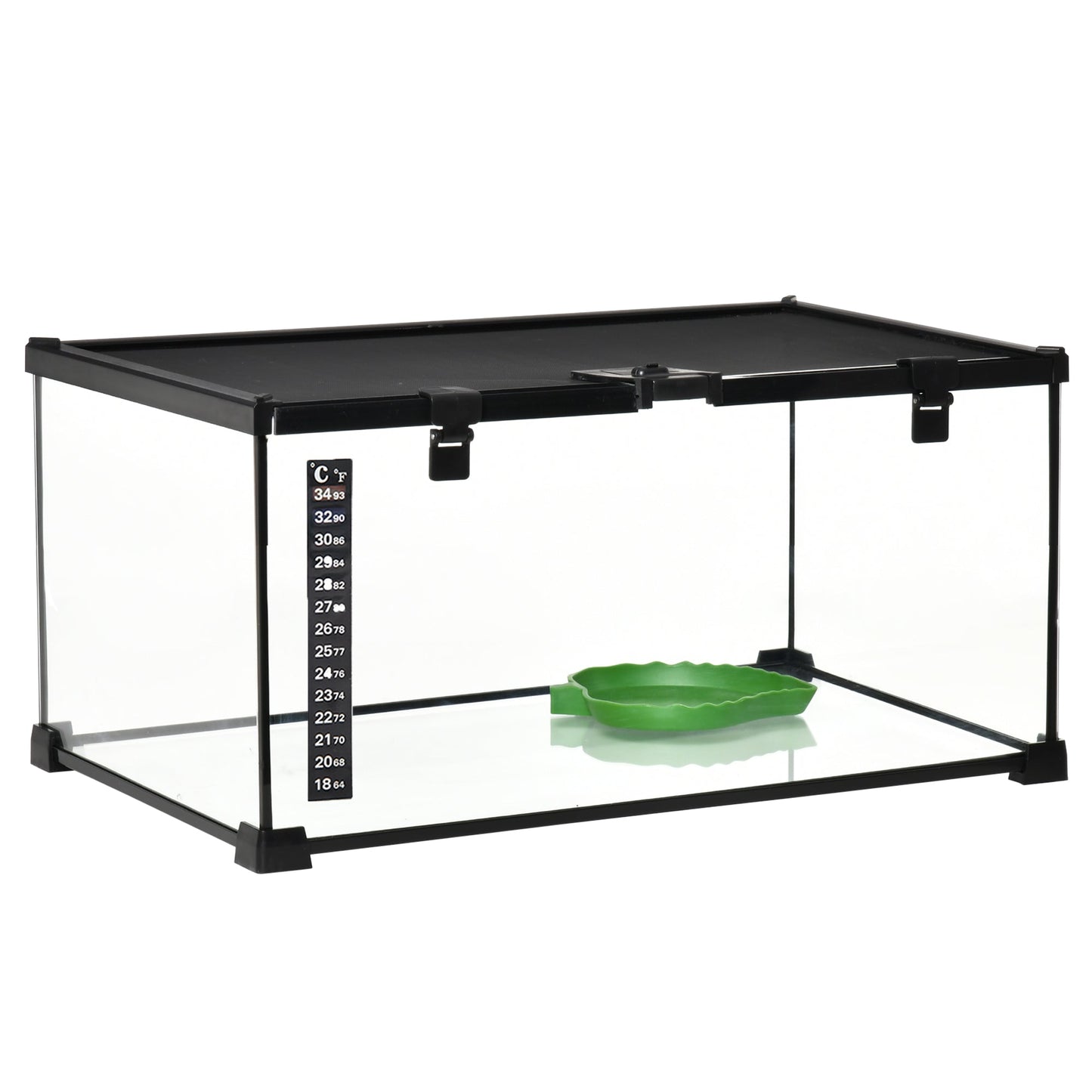 Glass Reptile Terrarium, Jumping Spider Enclosure with Thermometer, Water Basin, Full View Visually for Lizards, Horned Frogs, Snakes, Spiders - Black