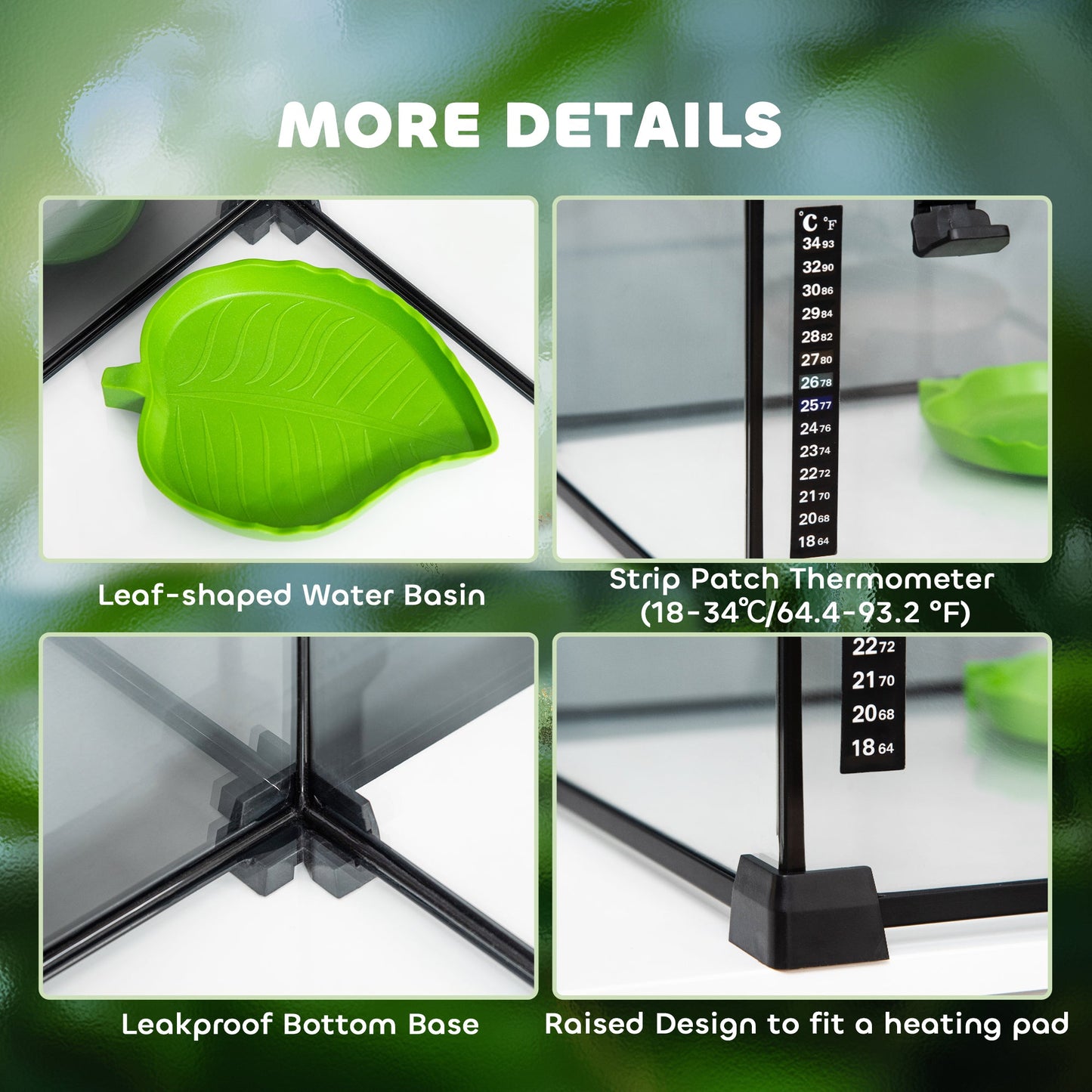 Glass Reptile Terrarium, Jumping Spider Enclosure with Thermometer, Water Basin, Full View Visually for Lizards, Horned Frogs, Snakes, Spiders - Black