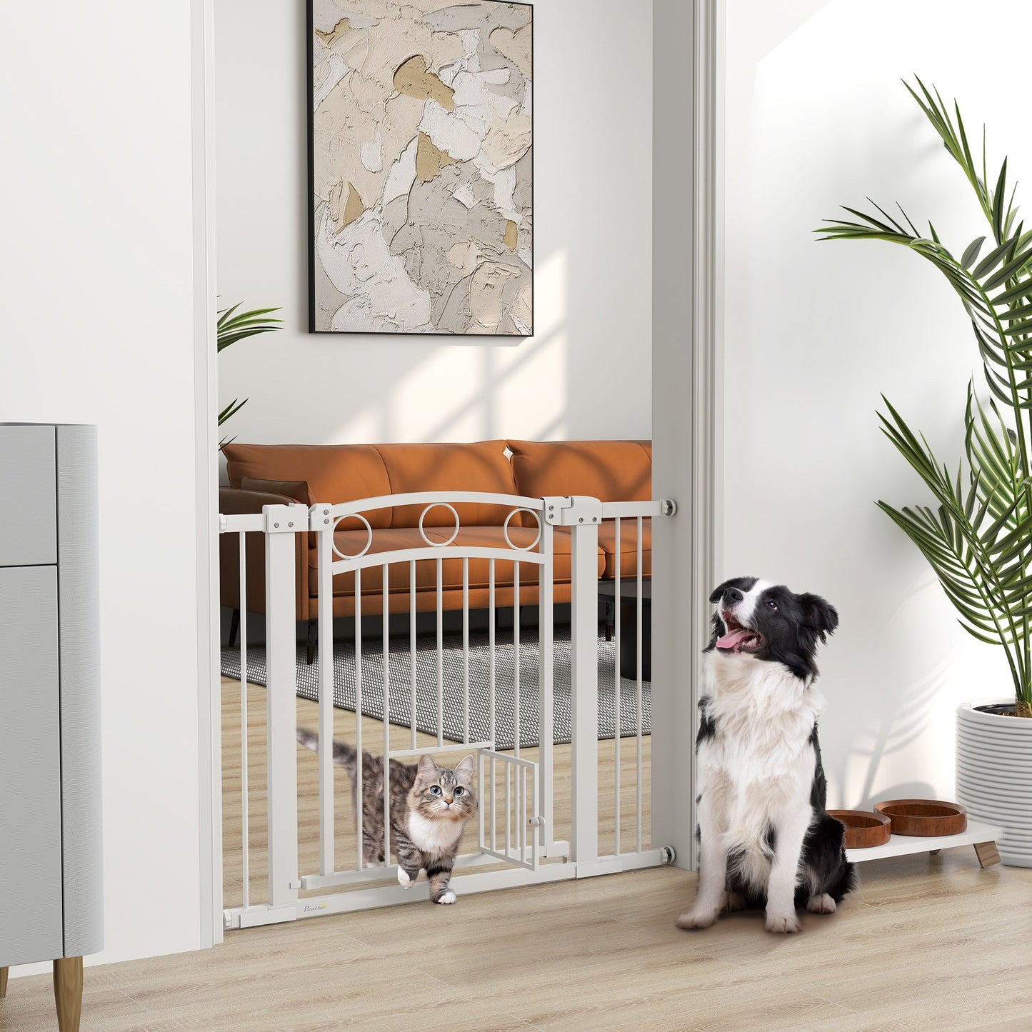 Dog Gate, 30" Extra Tall Pet Gate with Cat Door, Includes 2.8" and 5.5" Extension Kits, Pressure Mounted Stair Gate for Doorways, Hallways, Stairways, 30"-41" Width