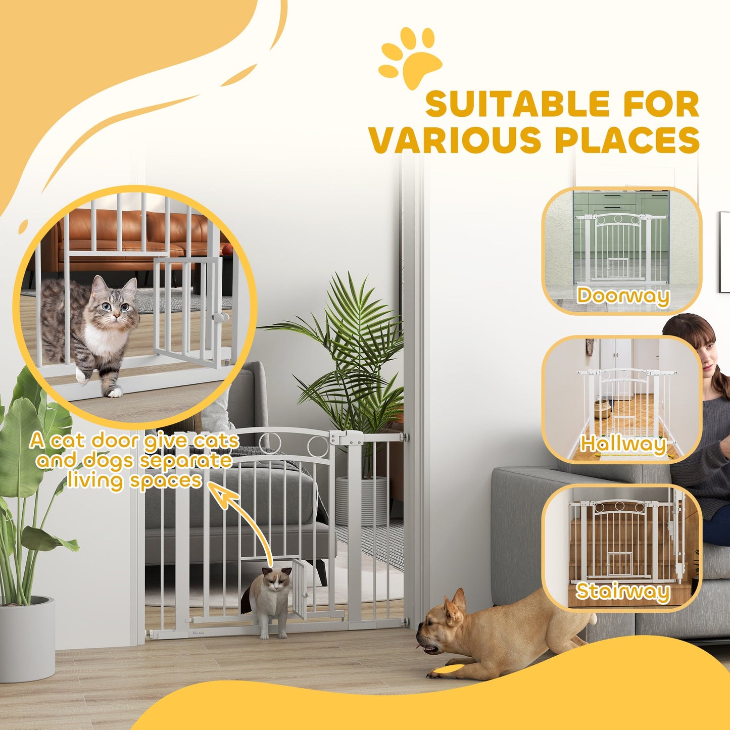 Dog Gate, 30" Extra Tall Pet Gate with Cat Door, Includes 2.8" and 5.5" Extension Kits, Pressure Mounted Stair Gate for Doorways, Hallways, Stairways, 30"-41" Width