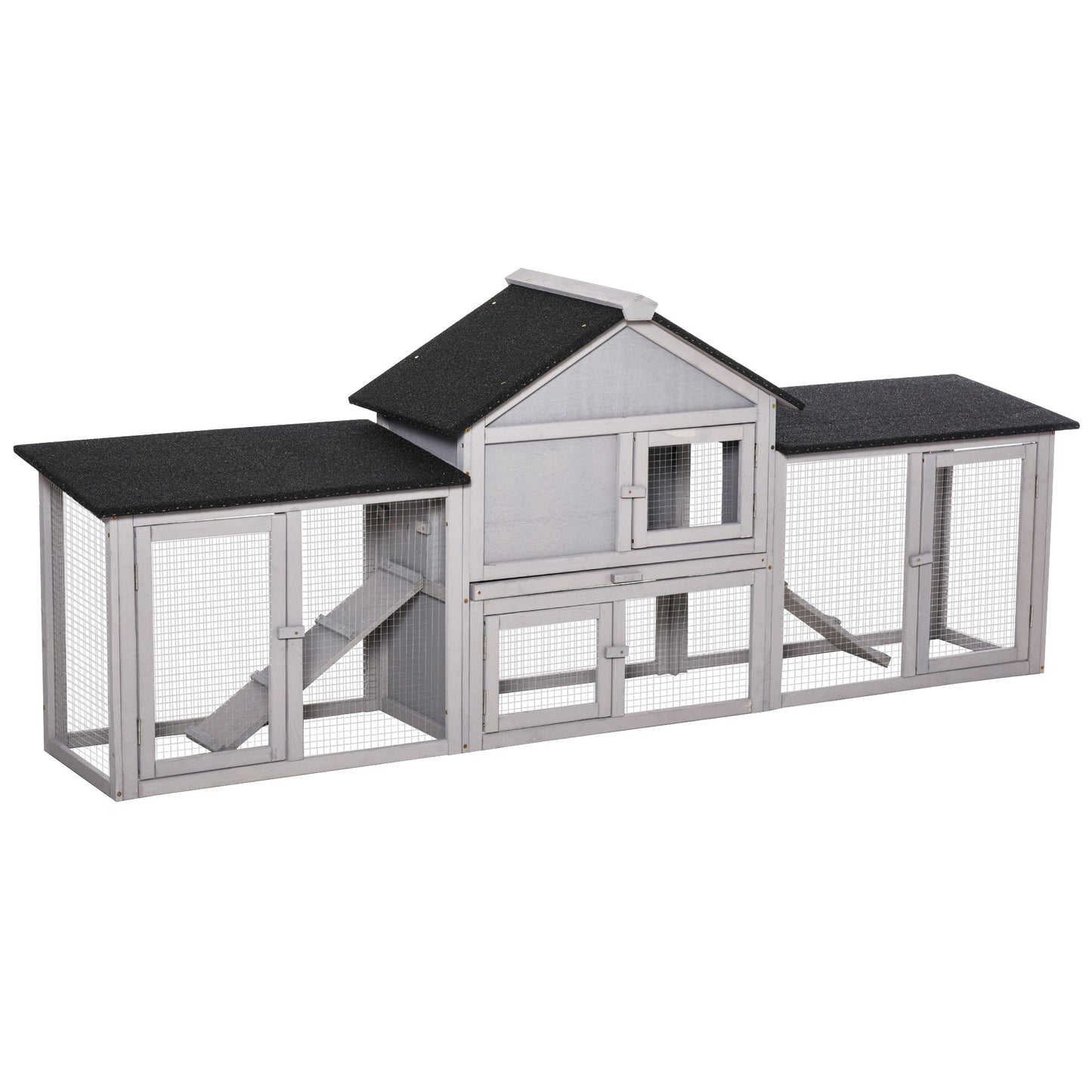 Large Rabbit Hutch Wood Bunny Cage Outdoor Guinea Pig House with Double Runs Slide Out Tray Ramps, 83"x18"x33", Grey