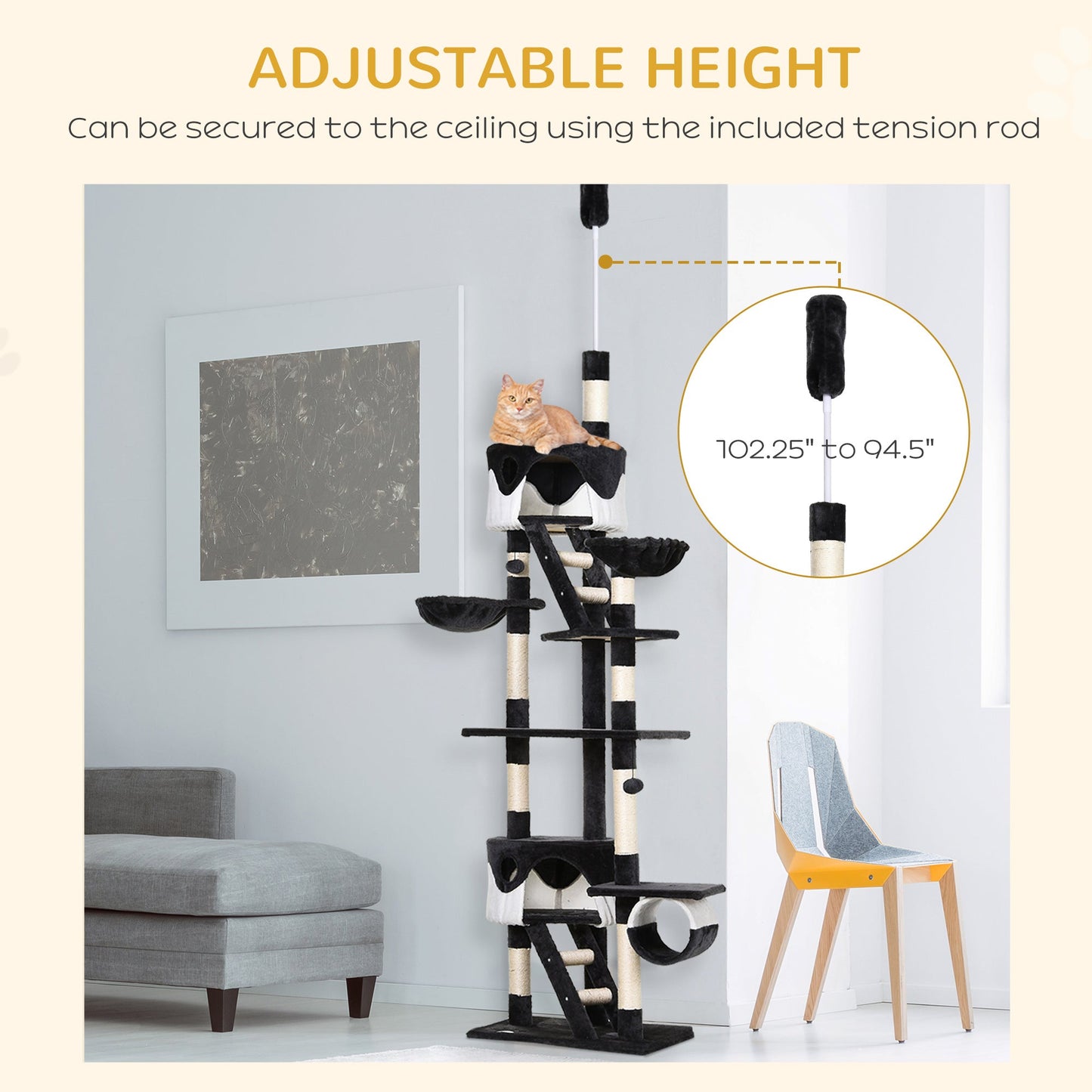 Cat Tower for Large Cats Adult, Floor to Ceiling Cat Tree Adjustable Height 94"-102" Multi-Level with Scratching Posts, Cozy Hammock, Dangling Ball Toy, White