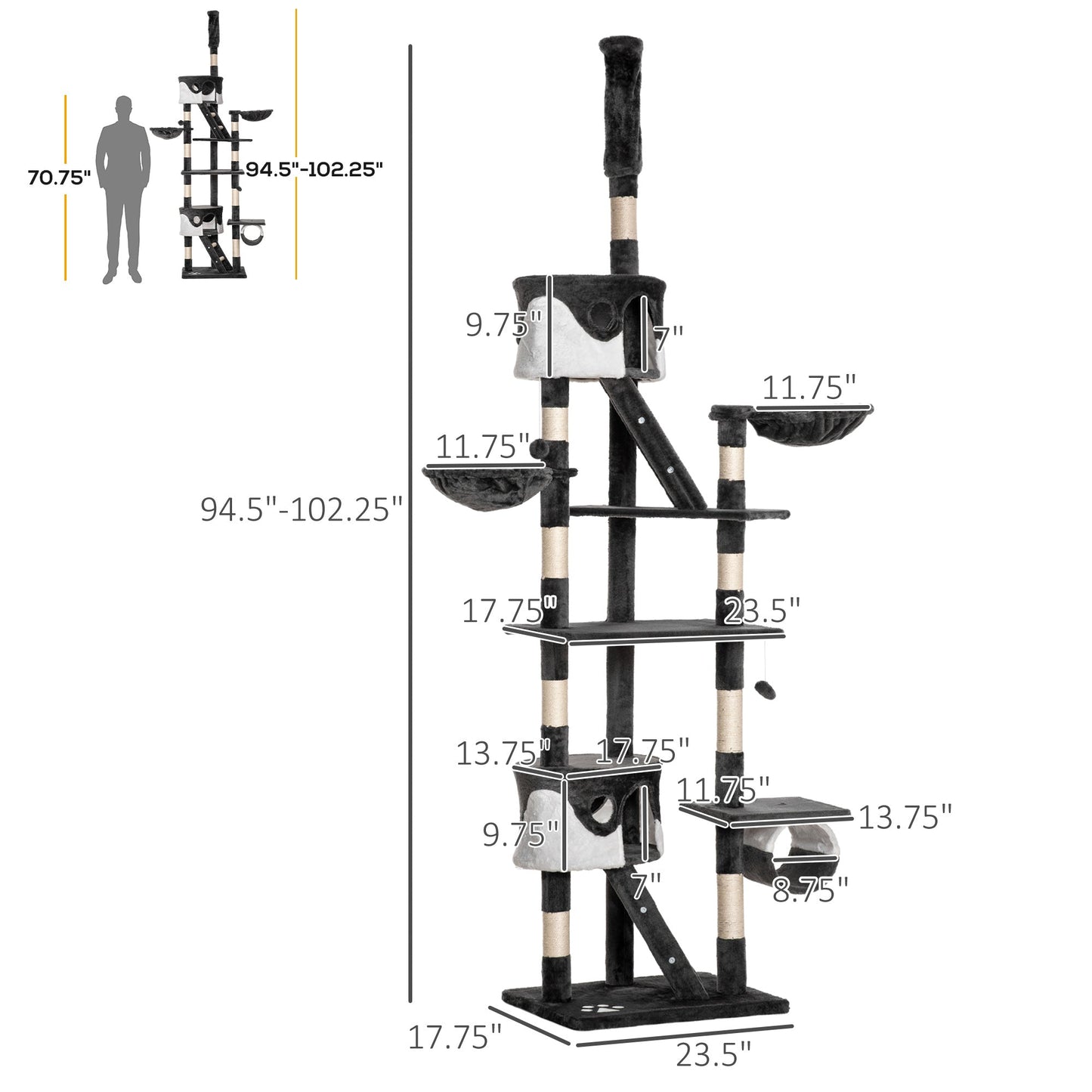 Cat Tower for Large Cats Adult, Floor to Ceiling Cat Tree Adjustable Height 94"-102" Multi-Level with Scratching Posts, Cozy Hammock, Dangling Ball Toy, White