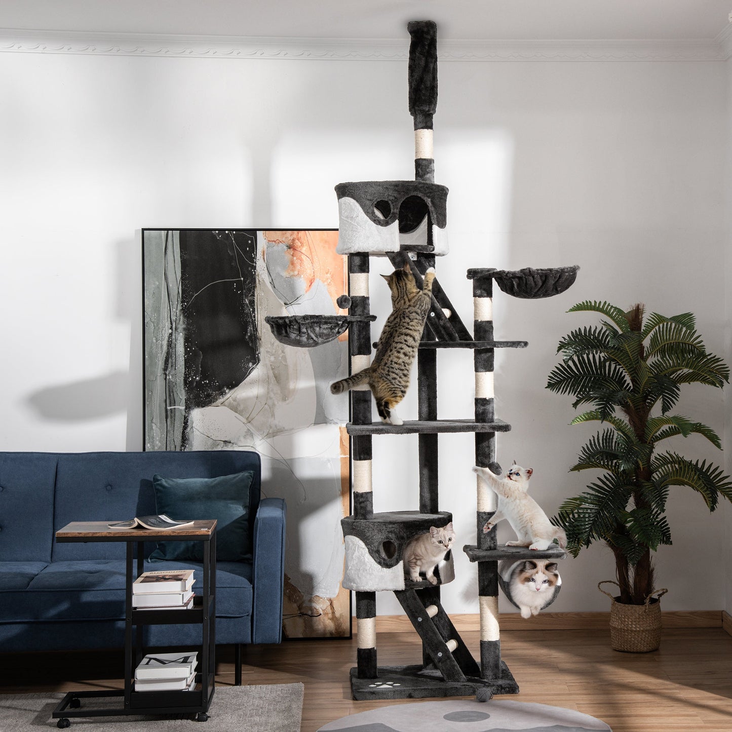 Cat Tower for Large Cats Adult, Floor to Ceiling Cat Tree Adjustable Height 94"-102" Multi-Level with Scratching Posts, Cozy Hammock, Dangling Ball Toy, White