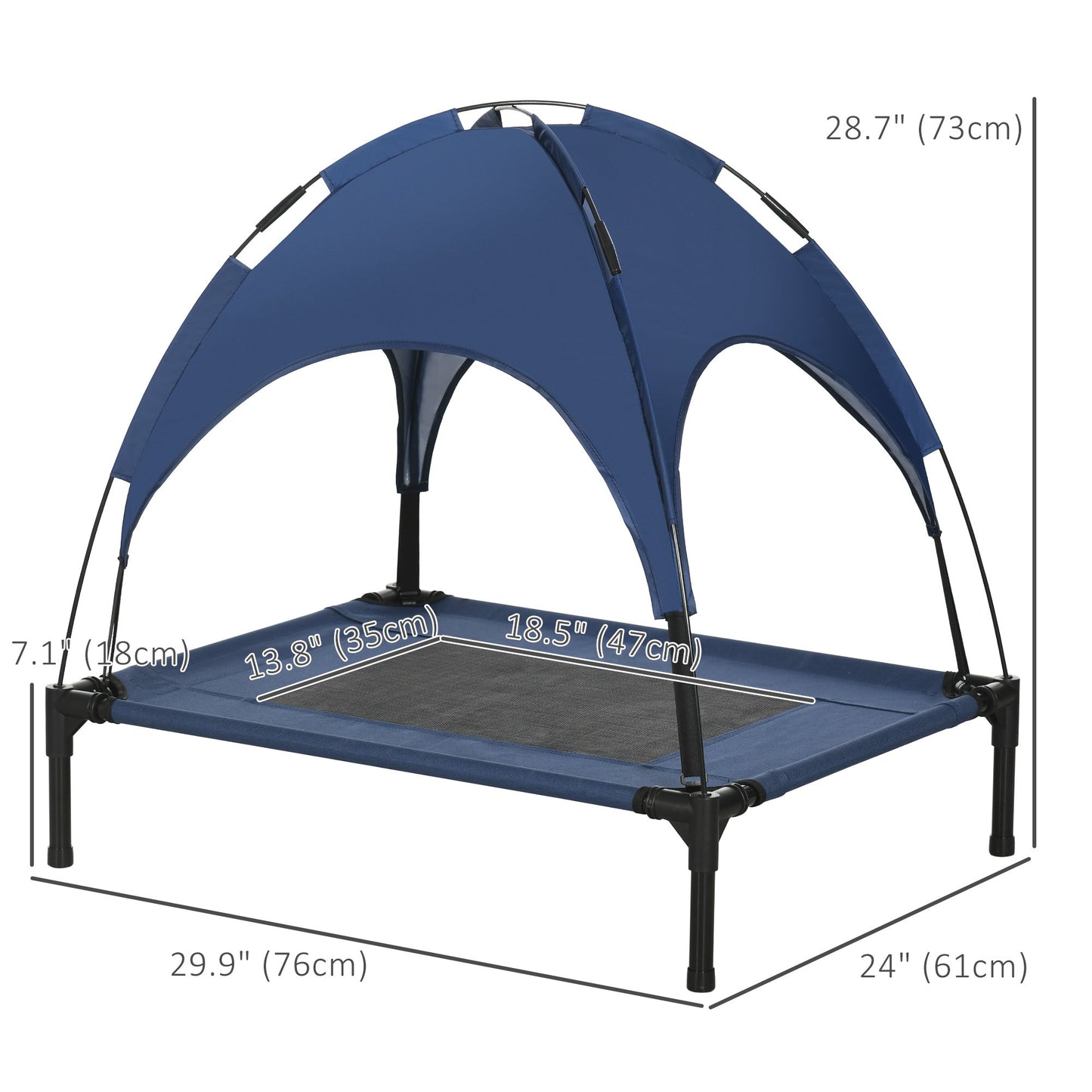 Elevated Dog Bed with Canopy, Portable Raised Dog Cot for M Sized Dogs, Indoor & Outdoor, 30" x 24" x 29", Dark Blue